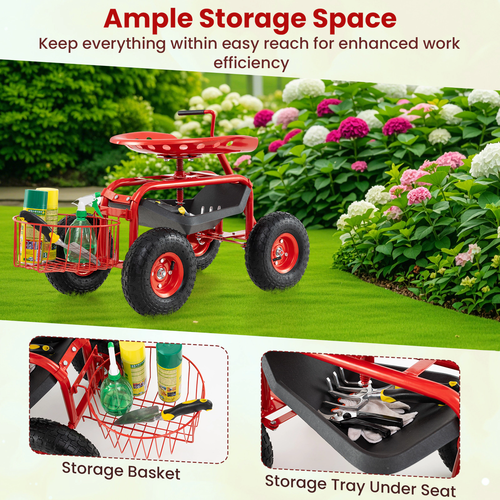 SUGIFT Extendable Handle Garden Cart Rolling Wagon Scooter with 10-in Wheels 330-lb Capacity Steel Frame Red