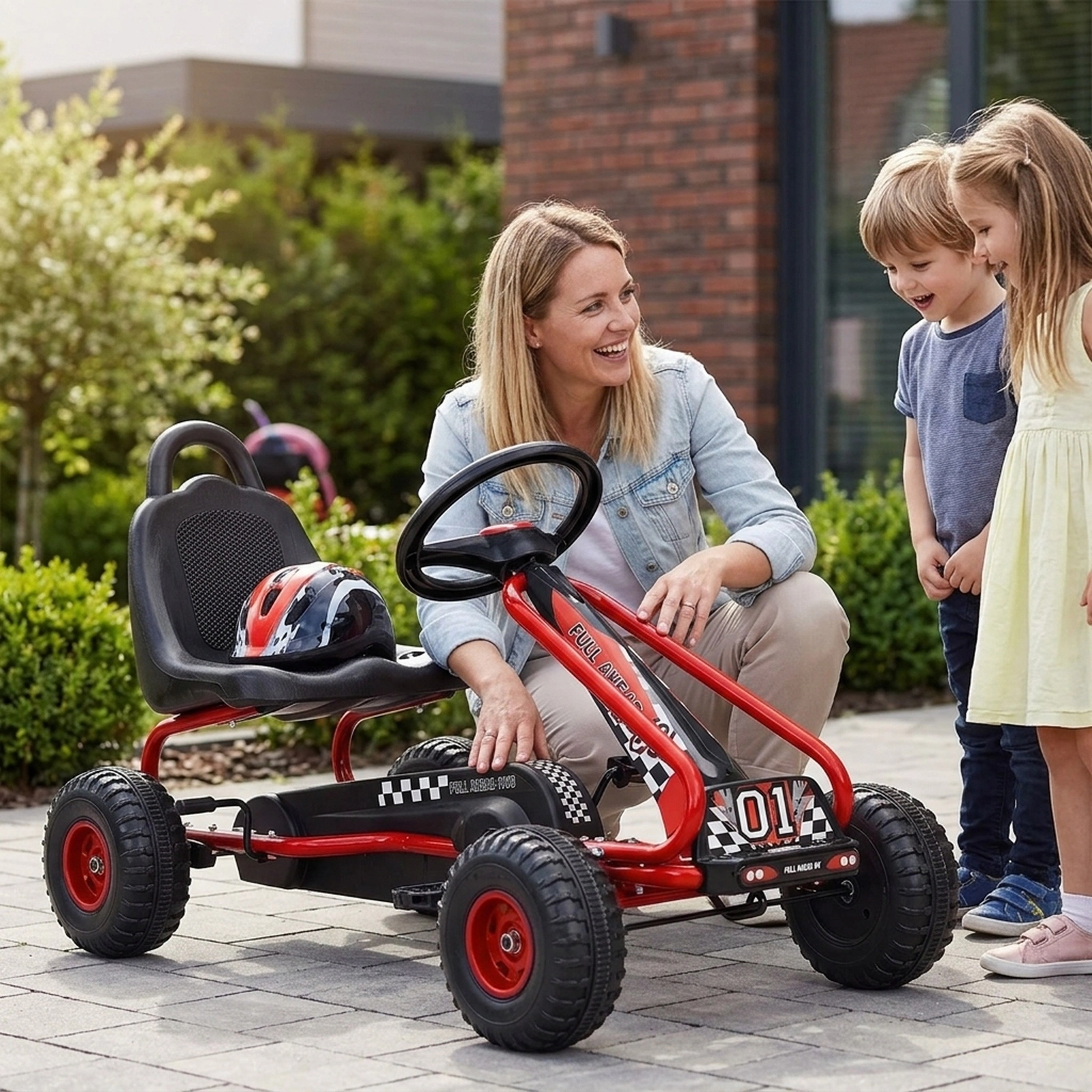 Kids Pedal Go Kart 4-Wheel Ride on Adjustable Seat Steering Wheel Hand Brake No Battery Needed Ages 3-6 66-lb Capacity