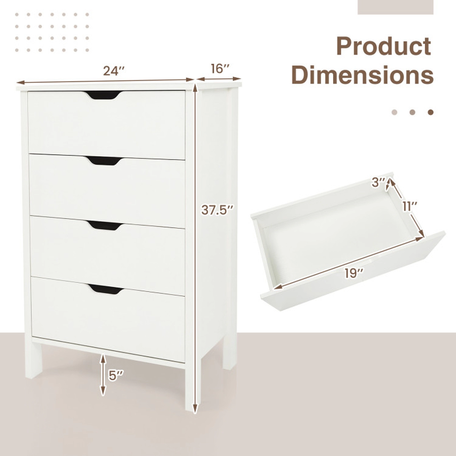 SUGIFT White Anti-Tipping Kits 4-Drawer Wooden Dresser Nightstand