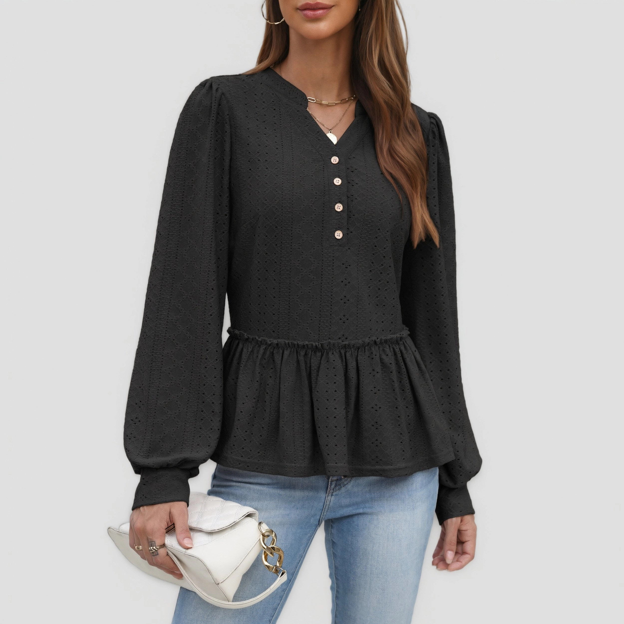Zeagoo Women's Eyelet Knit Peplum Henley Half Button Puff Long Sleeve Pullover