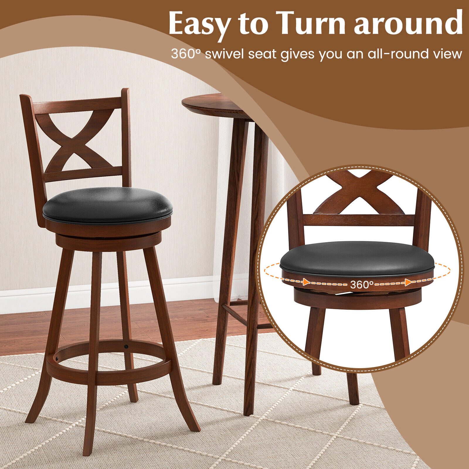 Glintex 2-Piece 30-Inch Swivel Bar Stool Set with X-Shaped Open Back, Brown