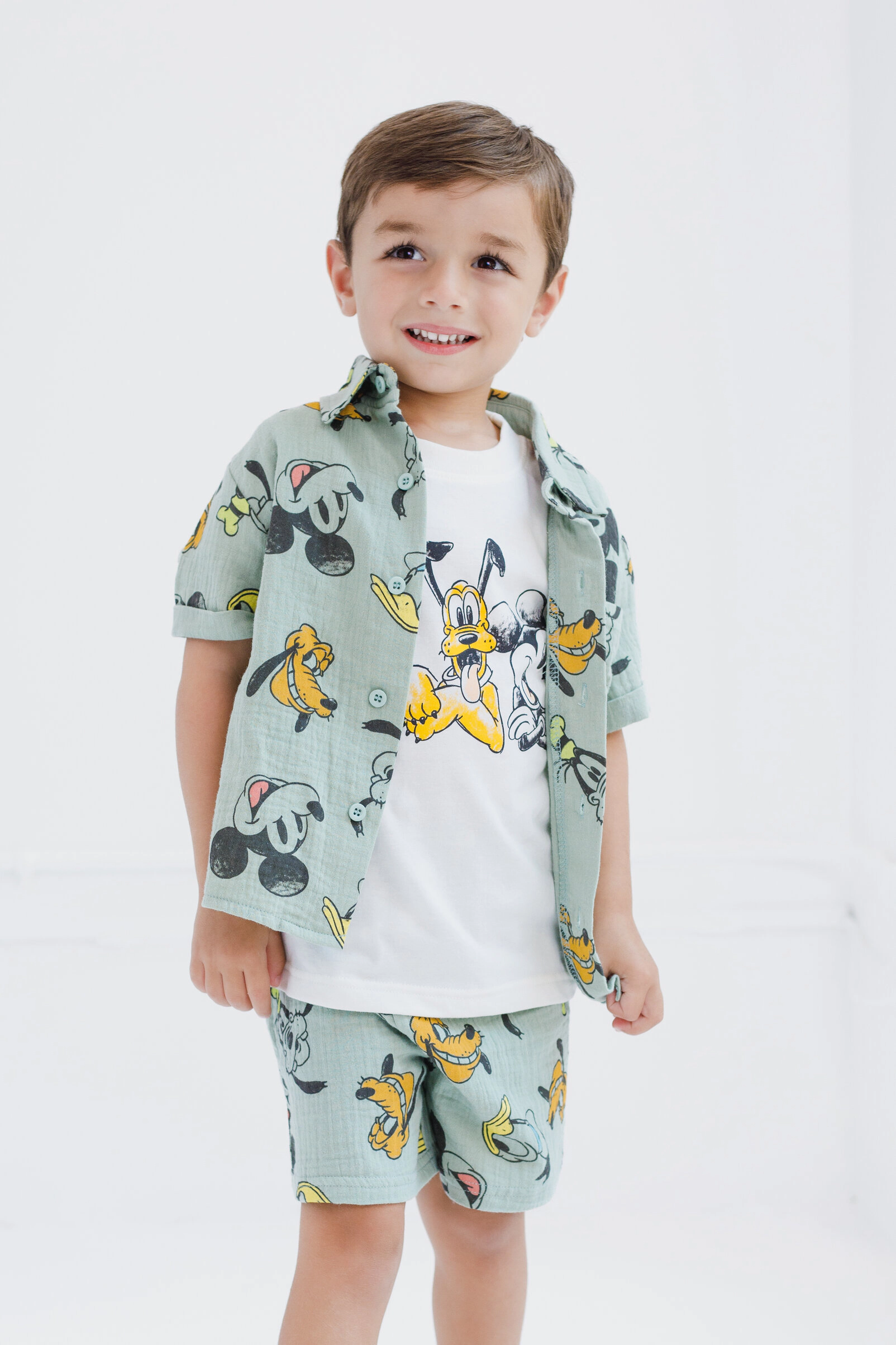 Disney Mickey Mouse Boys' Button-Down Shirt, Tee and Shorts Set