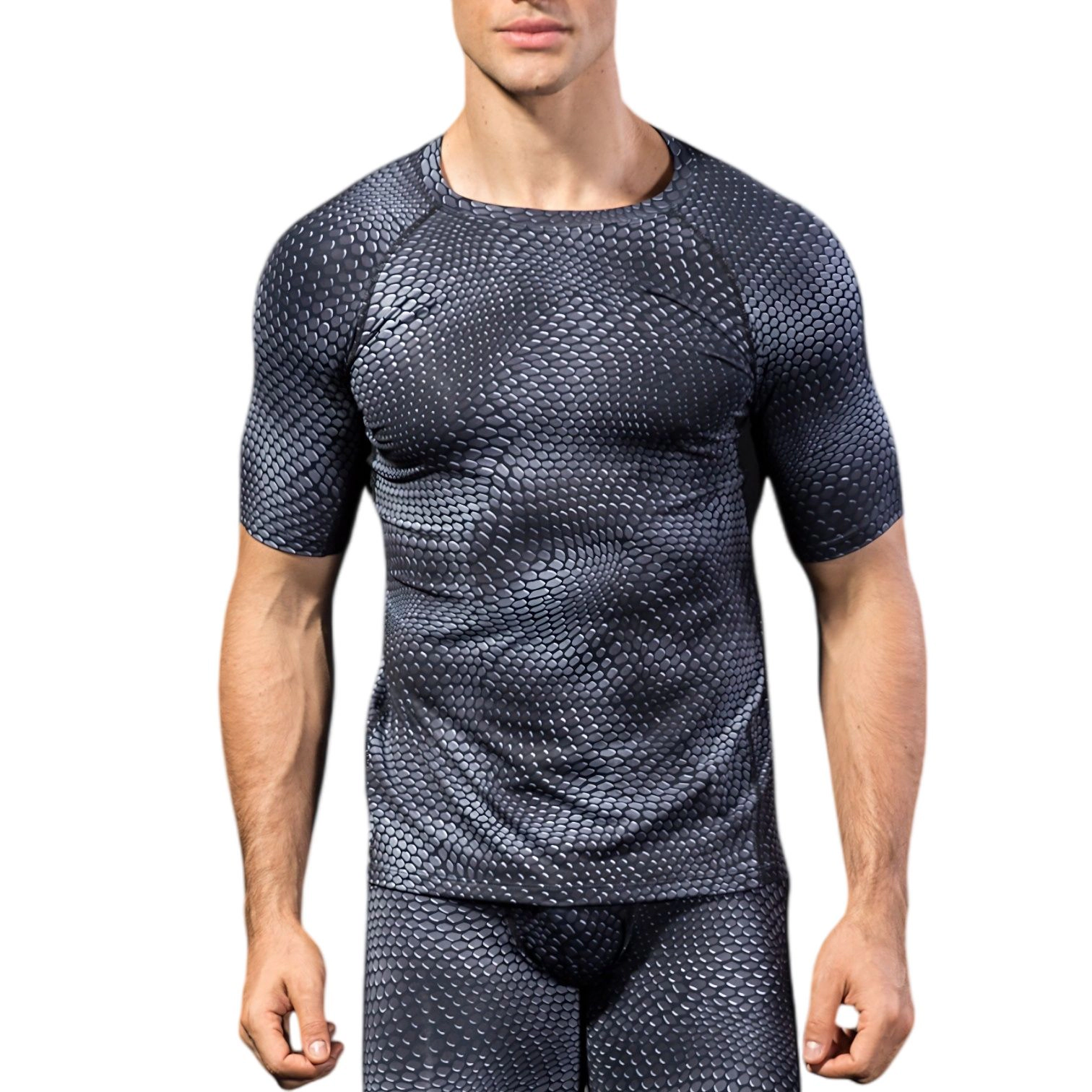 Anna-Kaci Men's Honeycomb Textured Compression Shirt with Short Sleeves and Stretch Fit