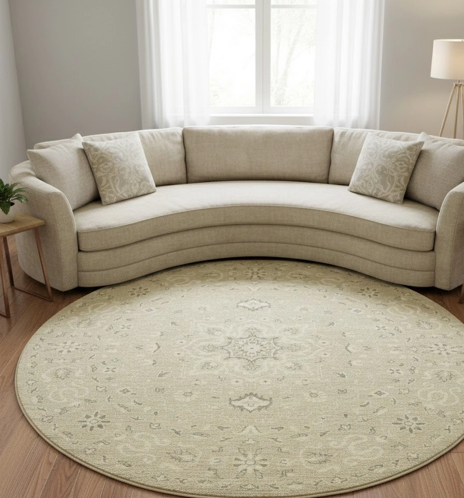 Magic Rugs Muted Pinkish Beige Floral 8X8 Transitional Oriental Round Rug