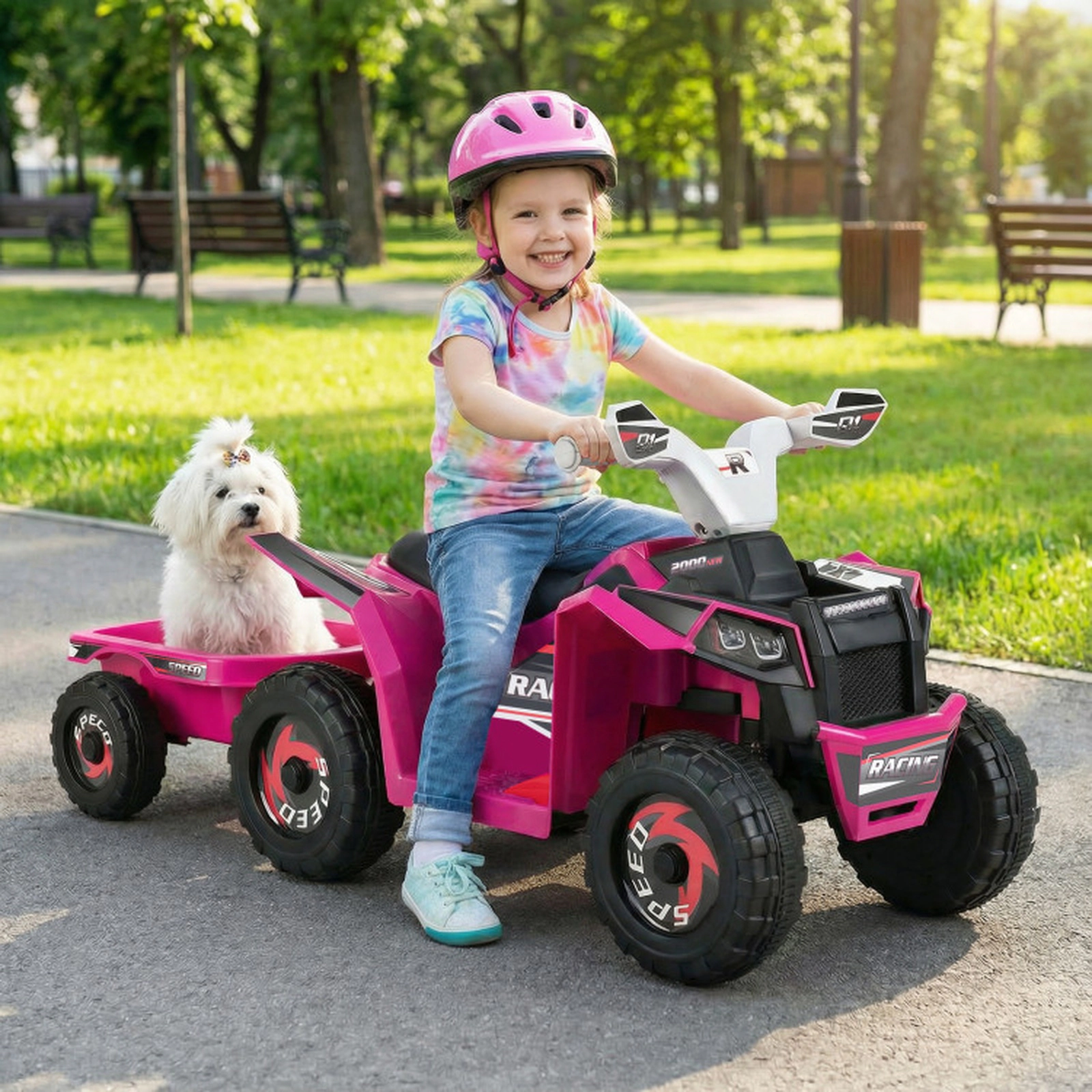 SUGIFT 6V Kids Electric ATV Quad Car with Detachable Trailer 66-lb Capacity Ages 3+ Ride-On 41-in Long Rose Red