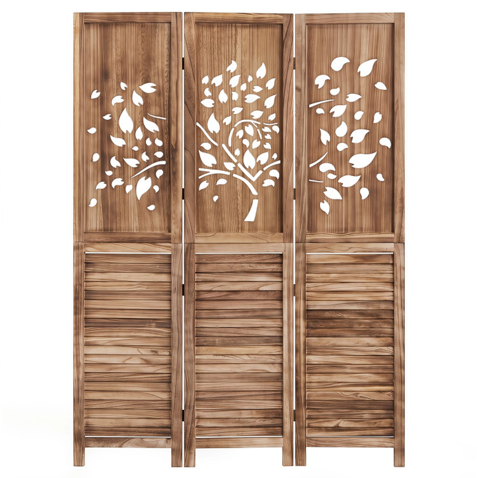 SUGIFT 3-Panel Tree Cutout Louvered Wood Folding Room Divider 47.5-in x 67-in 15.5-in Folded 15.5-lb Rustic Brown