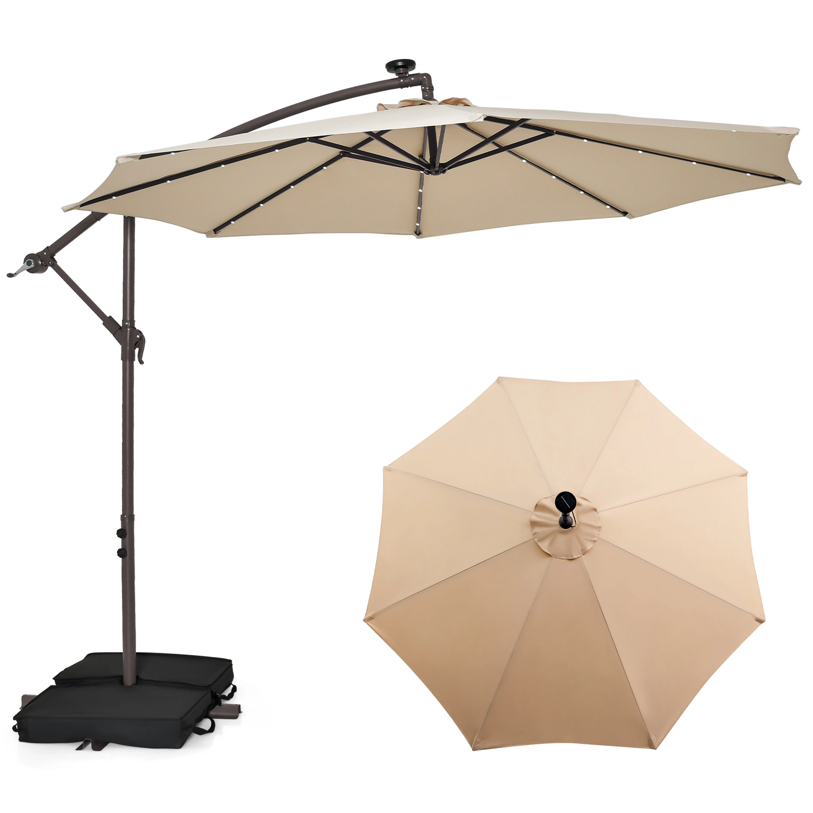 SUGIFT 10-ft Cantilever Patio Umbrella with Solar LED Lights, 10-ft Canopy, 6.5-ft Canopy Height and Sand Bag Base Beige