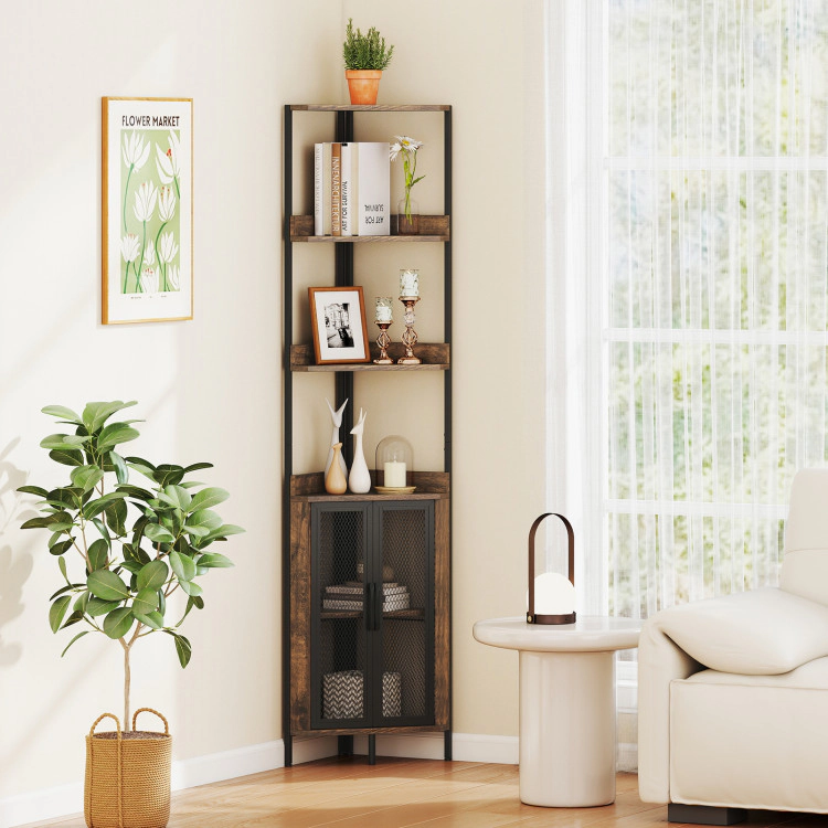 Hivvago 6-Tier Corner Shelf 67 Inches Tall Corner Bookshelf with Cabinet Industrial Bookcase
