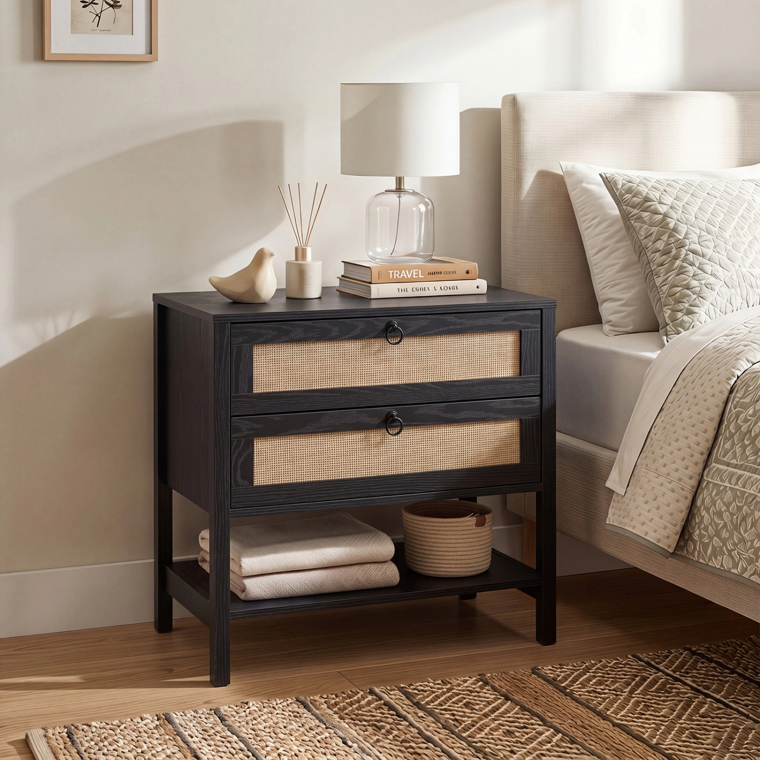 Hivvago Boho Rattan Nightstand with 2 Drawers and Bottom Open Shelf