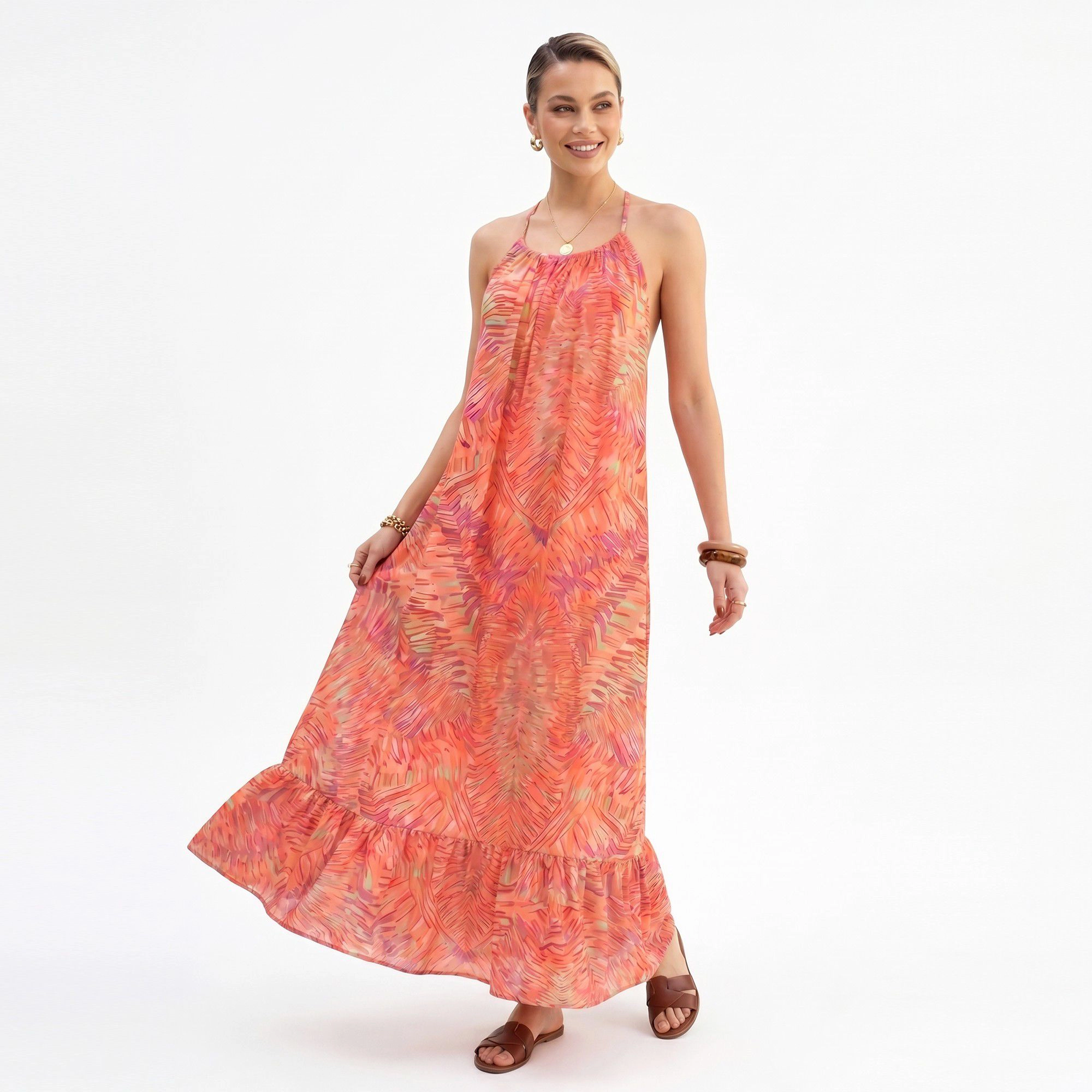 Anna-Kaci Women's Halter Open Back Tie Ruffle Hem Maxi Dress