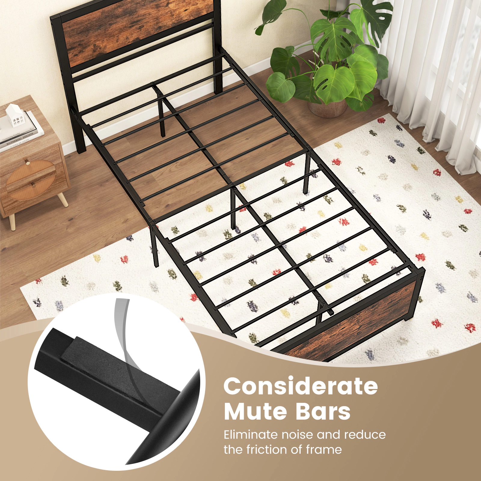 SUGIFT Sprayed Metal Twin Bed Frame with High Headboard and Mute Bars 490-Lb Capacity 77-in Length Rustic Brown & Black