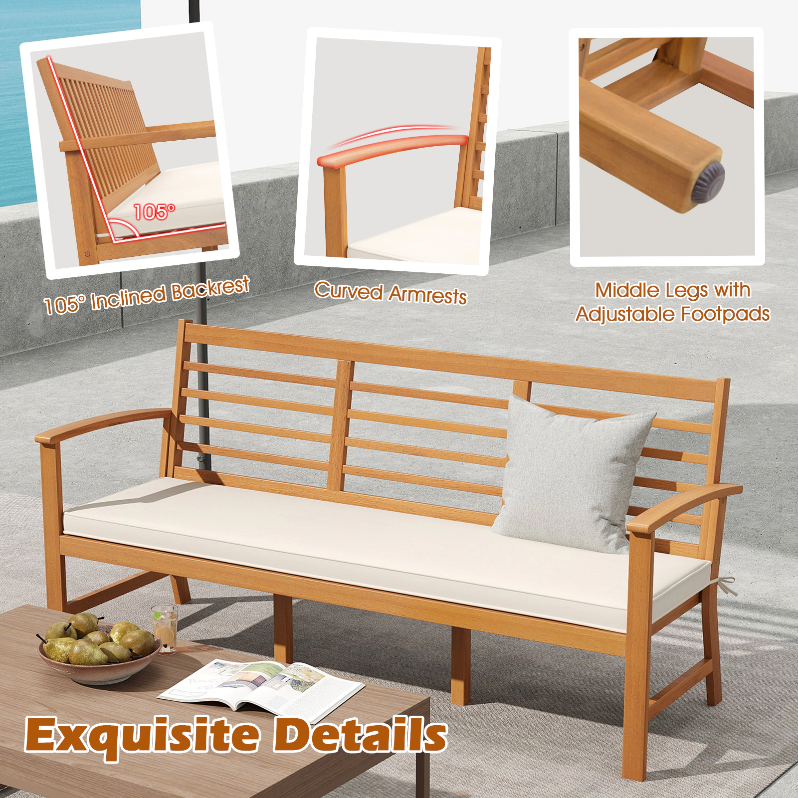 Hivvago Patio 64 Inch Wood Bench with Seat Cushion and Slatted Seat for Backyard