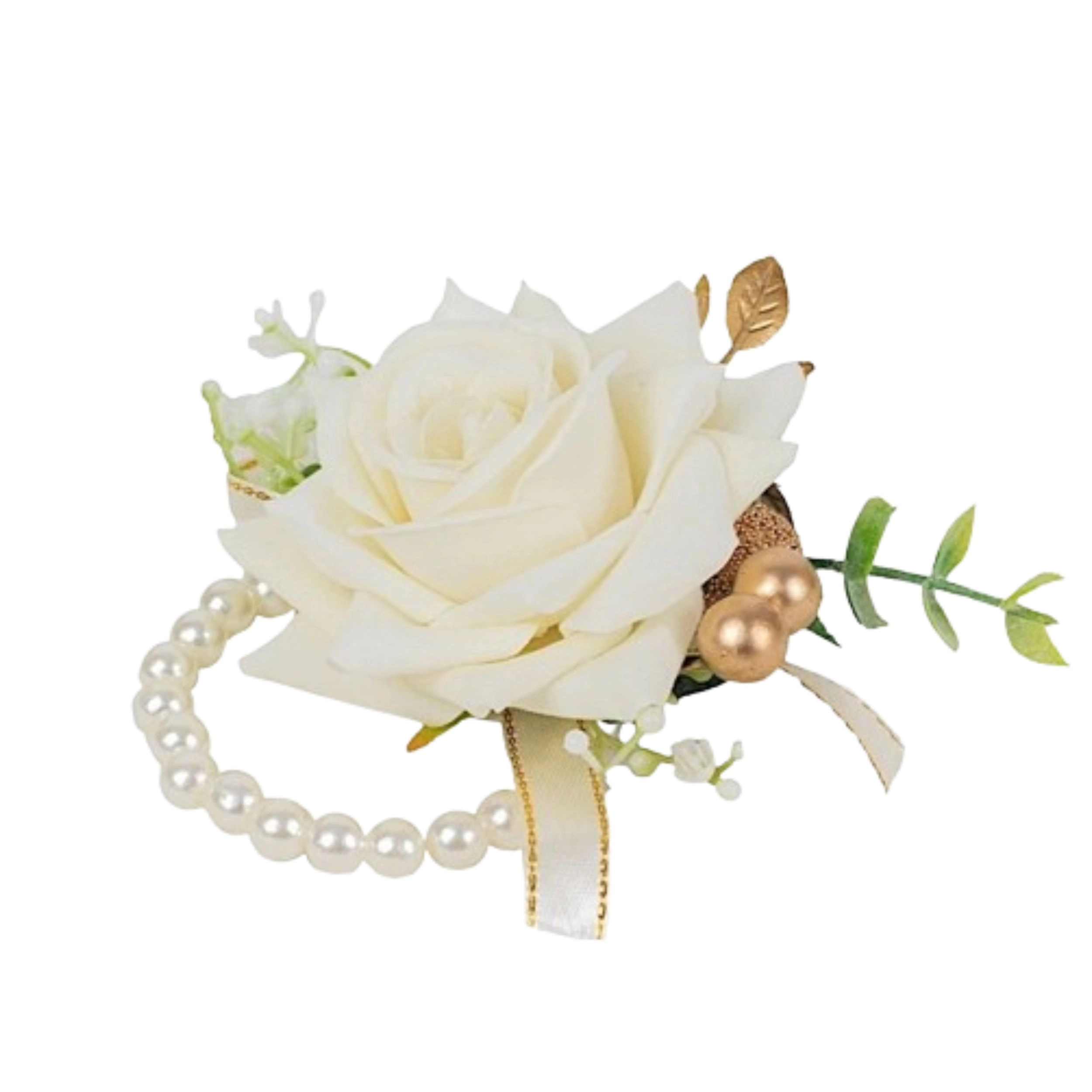 Home Collection Set of 2 White Artificial Silk Rose Wrist Corsages with Pearls