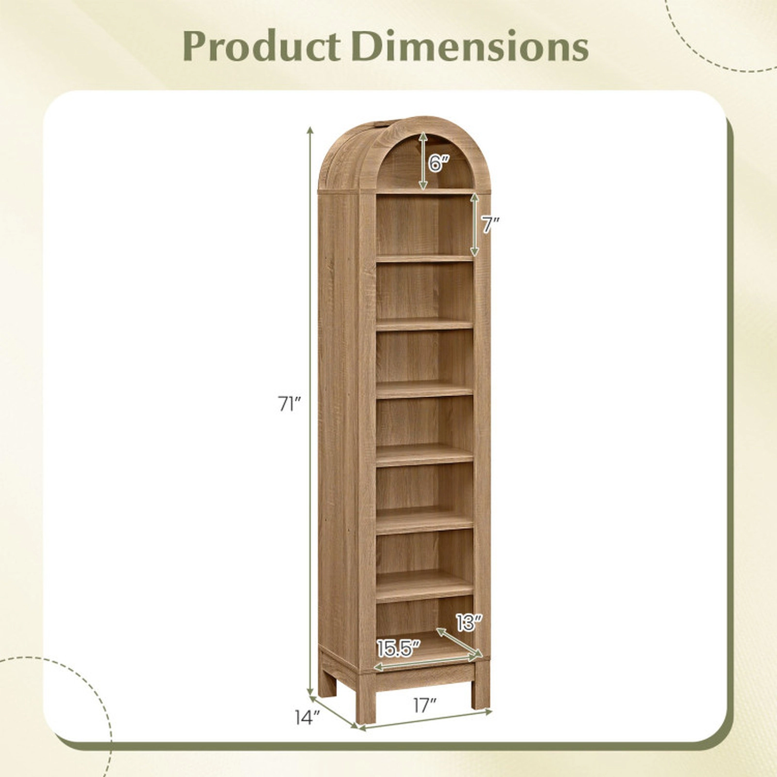 SUGIFT 8-Tier Modern Arch Bookshelf with 3 Adjustable Shelves 55-lb Per Shelf Capacity 71-in Tall Natural