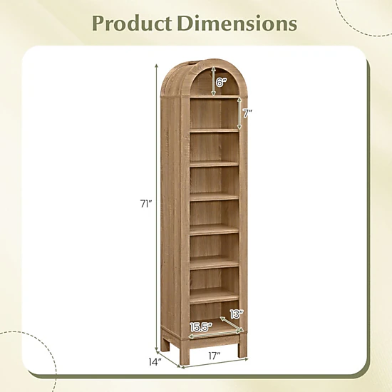 SUGIFT 8-Tier Modern Arch Bookshelf with 3 Adjustable Shelves 55-lb Per Shelf Capacity 71-in Tall Natural
