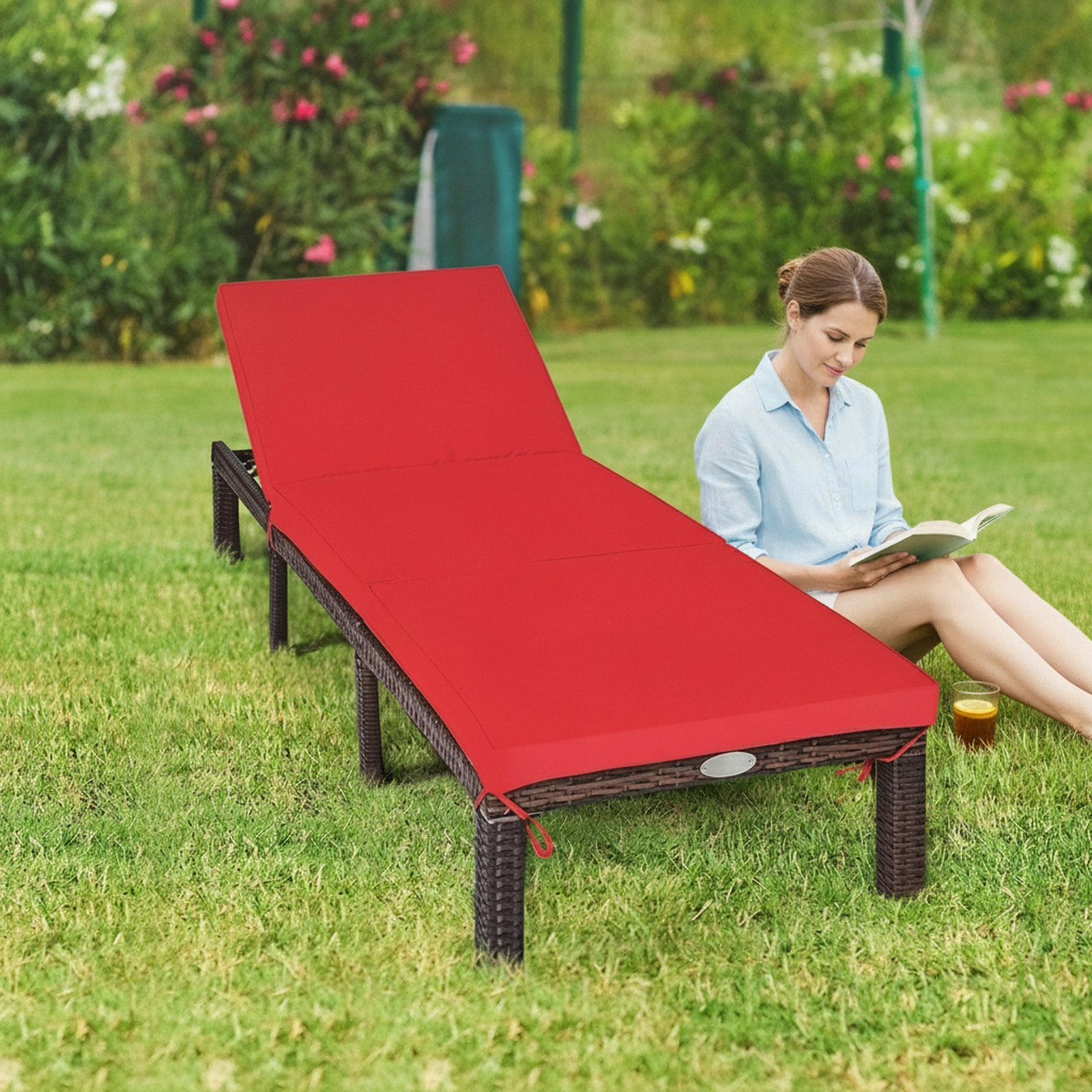 SUGIFT Red Outdoor Wicker Chaise Lounge with Cushion, 6 Reclining Positions