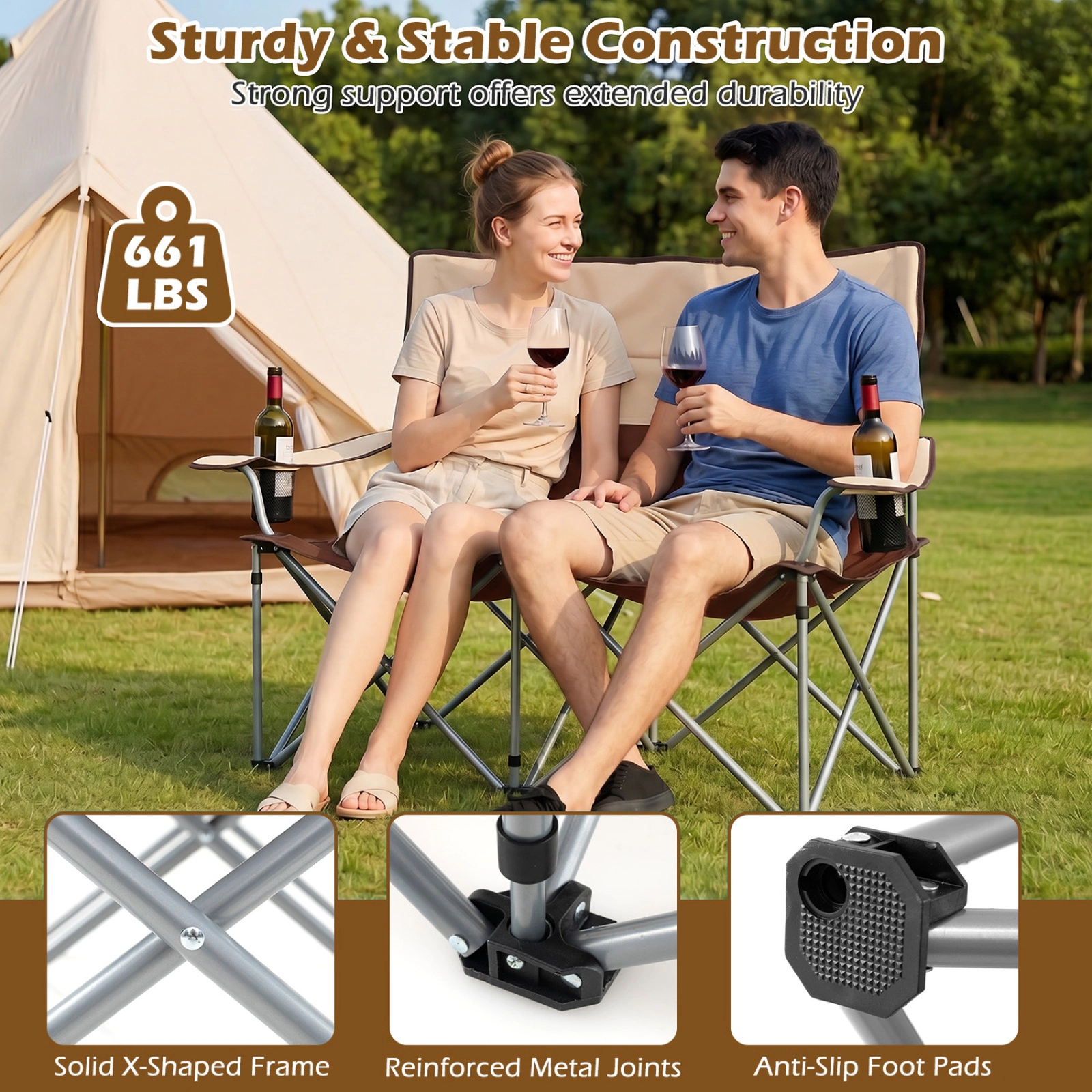 SUGIFT Folding Double Camping Chair with Carry Bag and Cup Holders 660-lb Capacity Brown + Khaki
