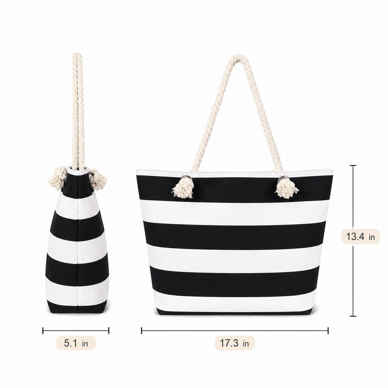 Alilang Women's Striped Canvas Beach Tote Bag with Zip Closure and Rope Shoulder Handles, Black