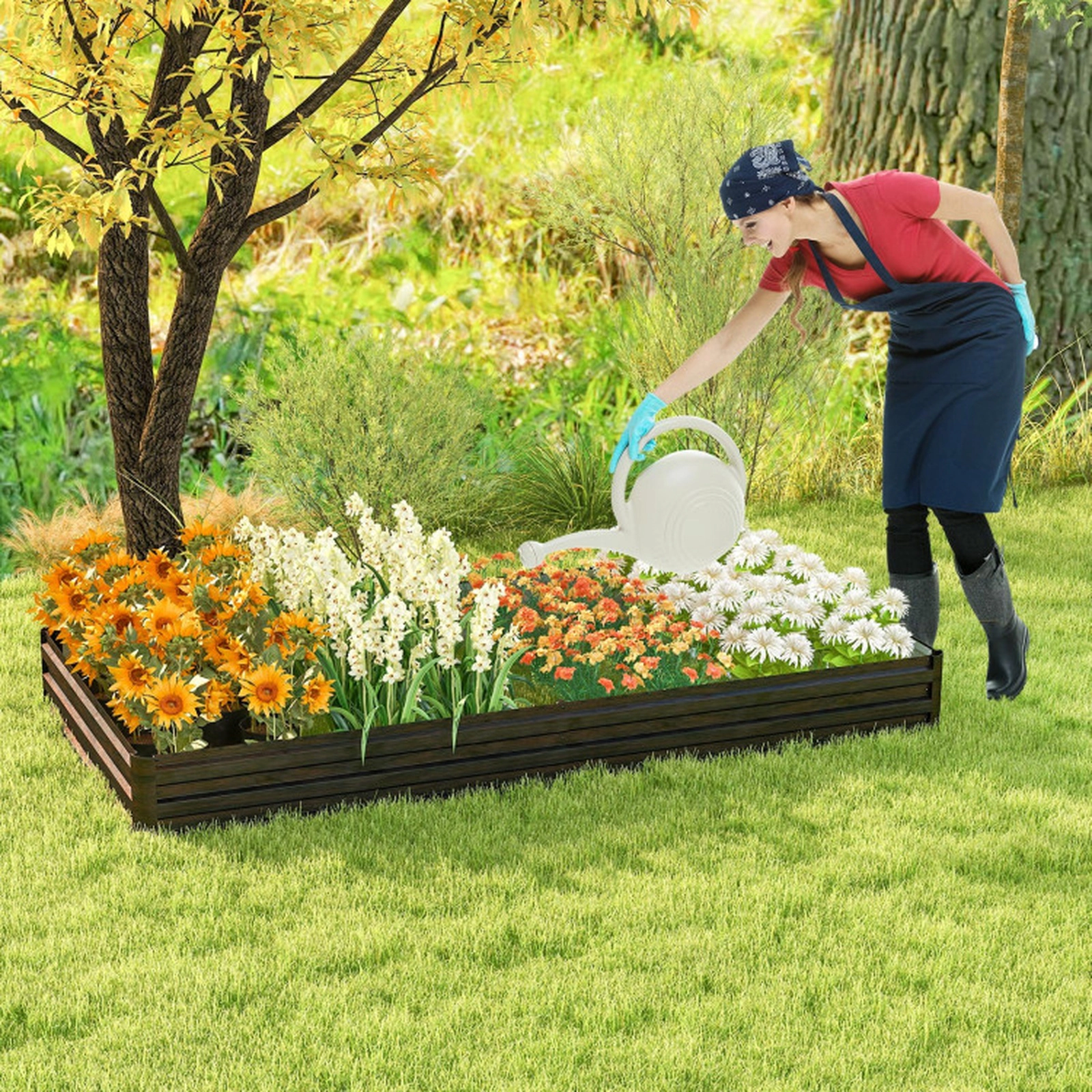 SUGIFT Large Outdoor Metal Planter Box Raised Garden Bed 12-in Tall 32-cu.ft Volume Coffee+Silver