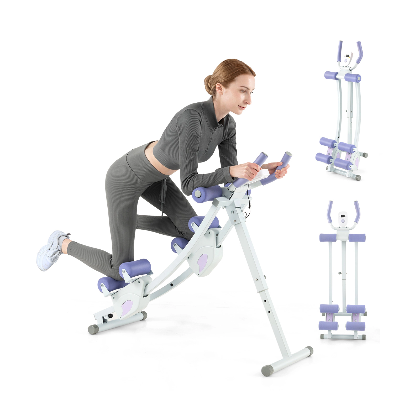 SUGIFT 4-Height Adjustable Folding Ab Machine with LCD Monitor and 145-Degree Curved Sliding Track Purple