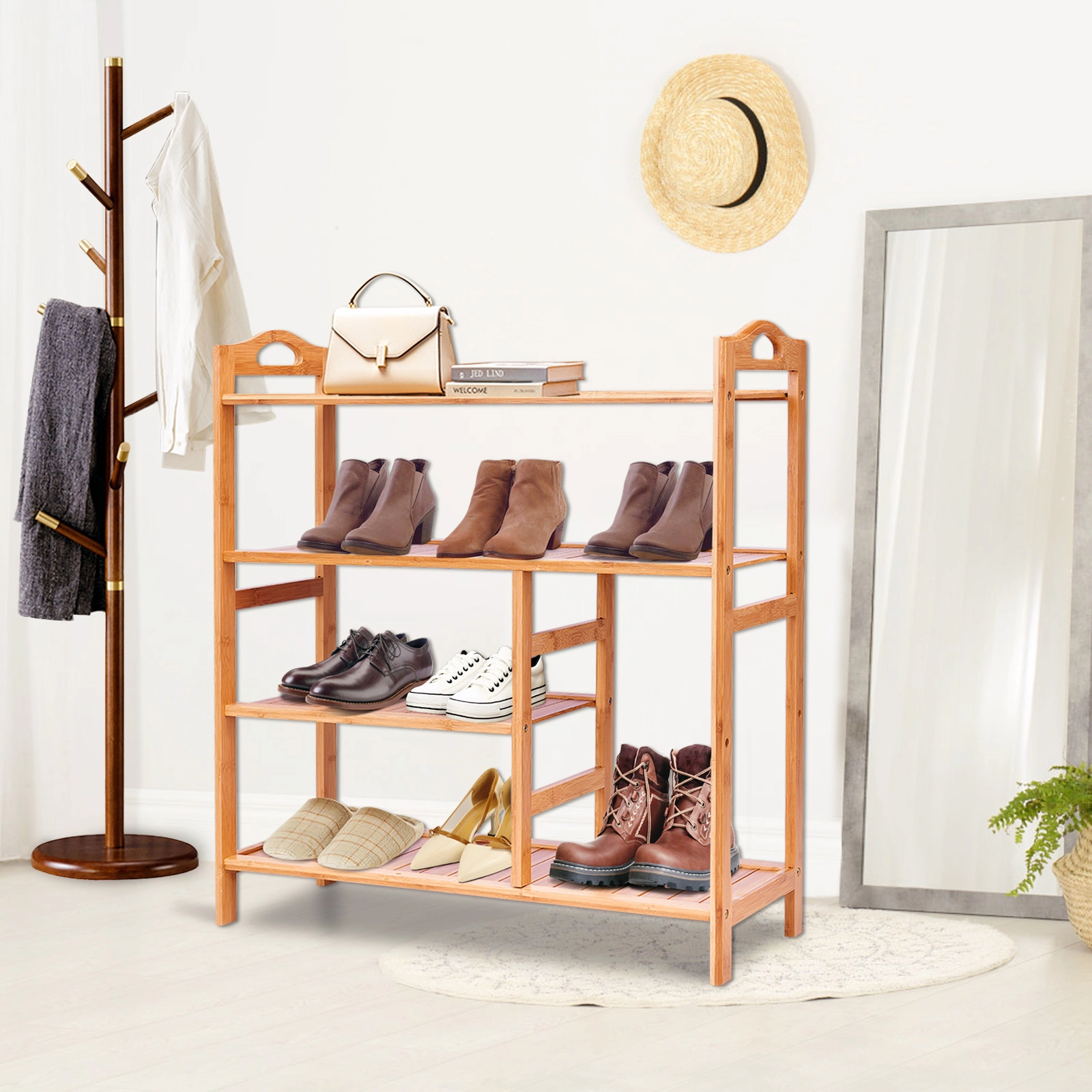 SlickBlue 4 Tier Wooden Shoe Organizer with Handles
