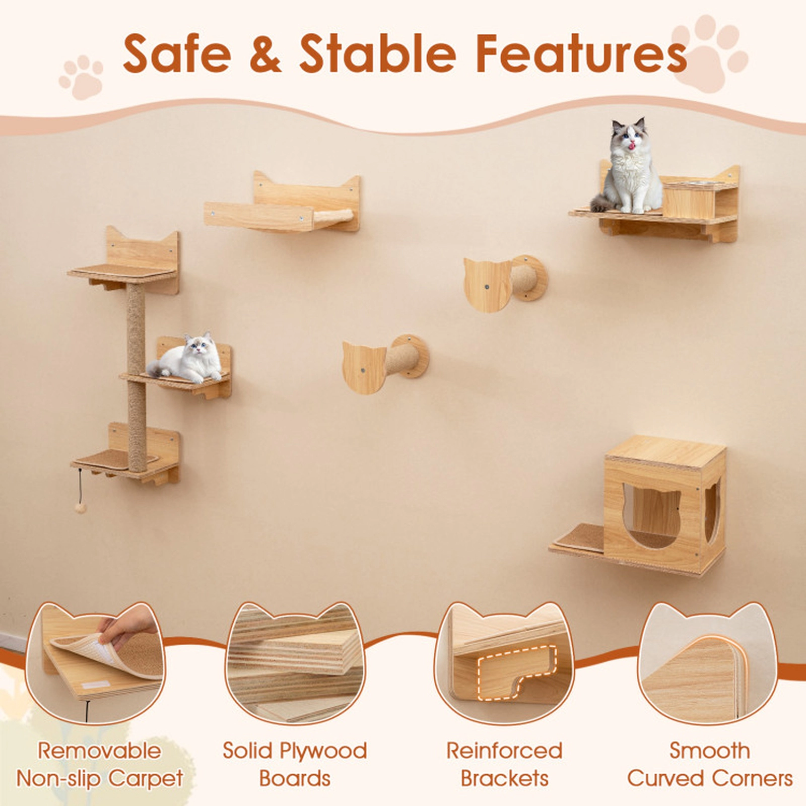 SUGIFT 6-Piece Wall-Mounted Cat Furniture Set with Tree, Condo and Feeding Station 22-lb Capacity Natural