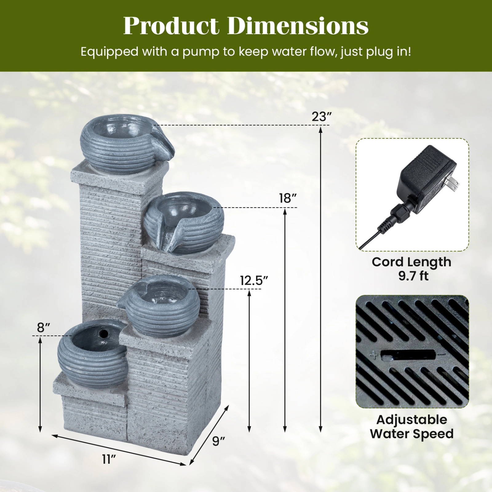 SUGIFT Gray 4-Tier 23-in Outdoor Water Fountain with LED Lights Cascading Bowl Waterfall in Resin