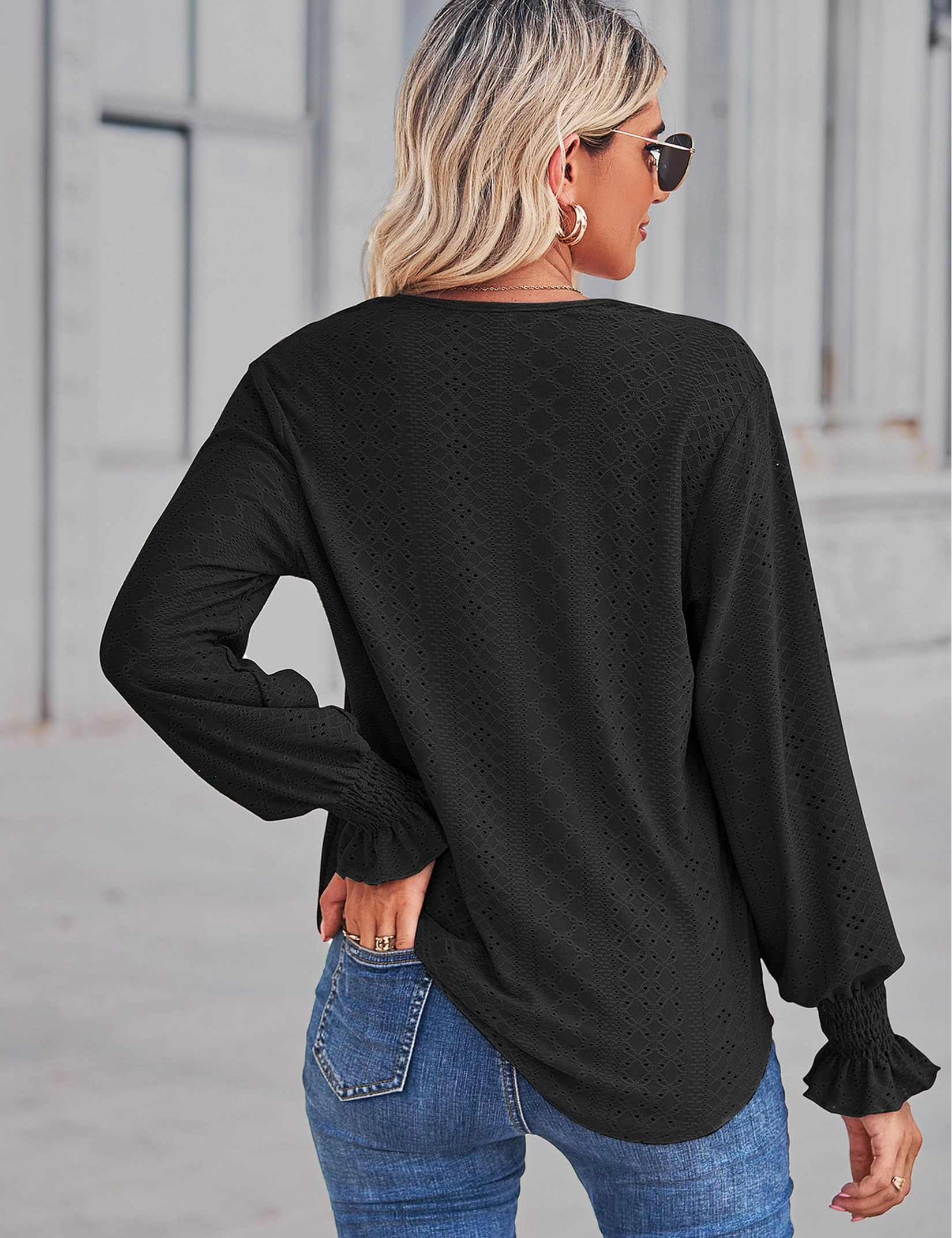 KOJOOIN Women V Neck Eyelet Blouse Lace Trim Long Balloon Sleeve Tunic Top Smocked Ruffle Cuff Trendy Shirt