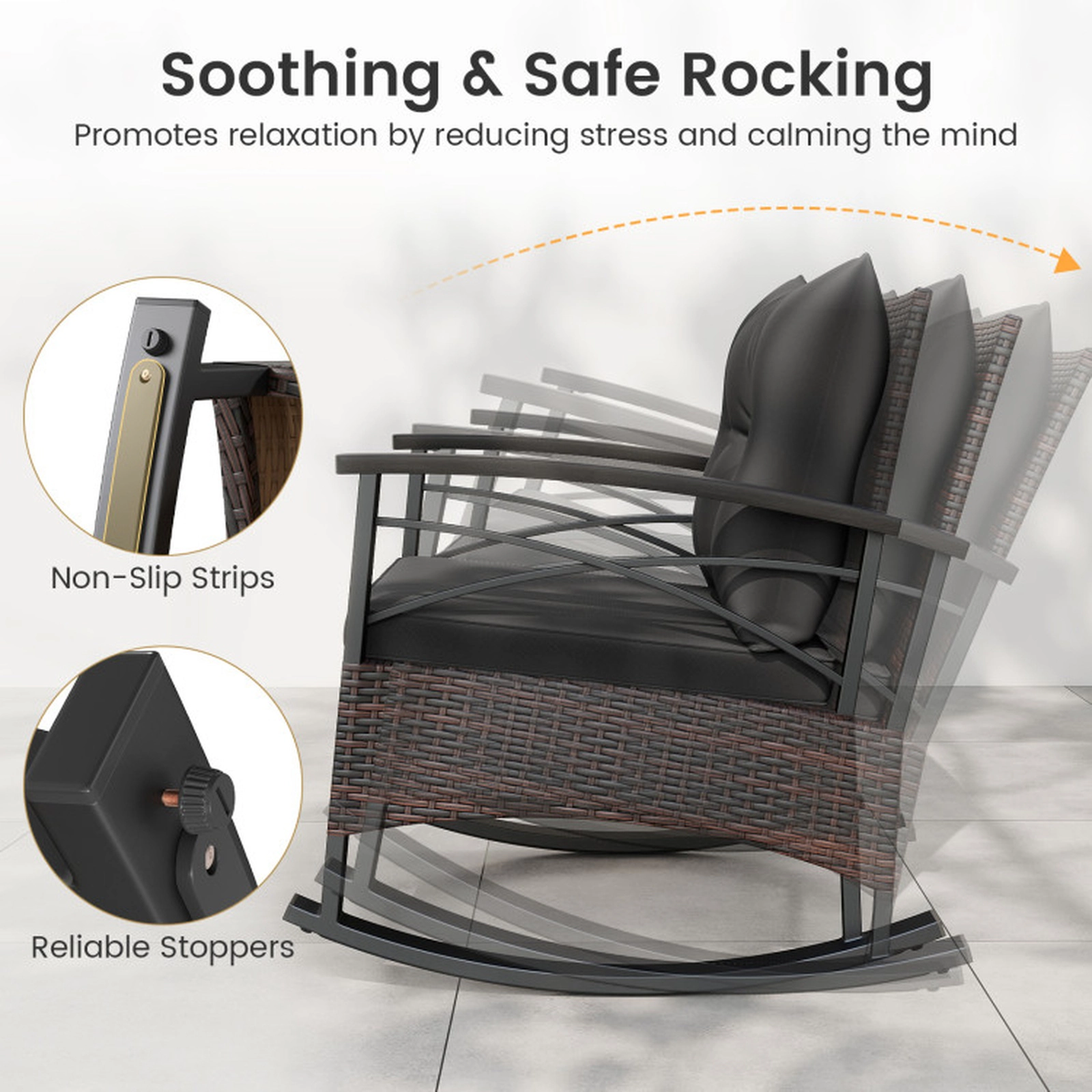 SUGIFT Rocking Conversation Bistro Set with Rocker Chairs & 2-Tier Table 400-lb Chair Capacity Mix Brown Rattan Cushions