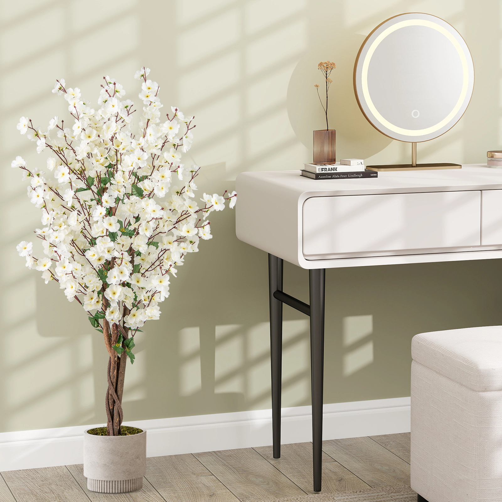 Slickblue 47 inch Artificial Plum Blossom Tree with White Fabric Blossoms and Wood Trunk