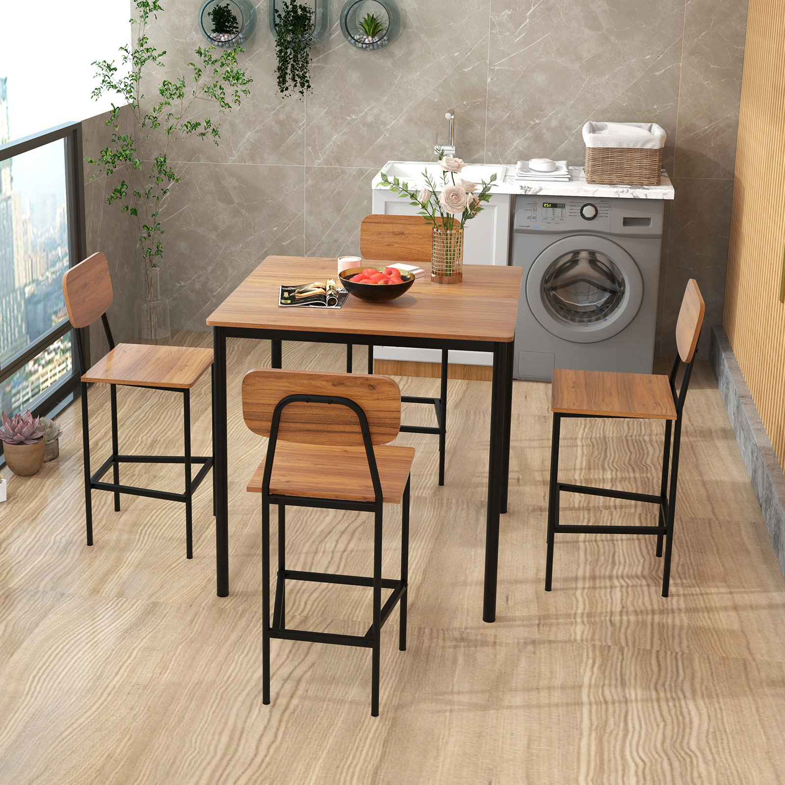 SUGIFT 5-Piece Industrial Counter-Height Dining Set with 36-in Square Top and 4 Bar Stools 300-lb Capacity Walnut