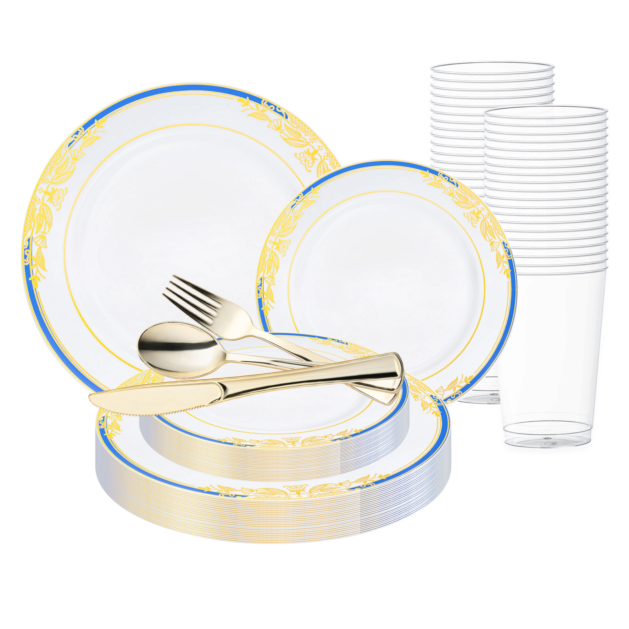 Smarty Had A Party White with Blue and Gold Harmony Rim Plastic Wedding Value Set