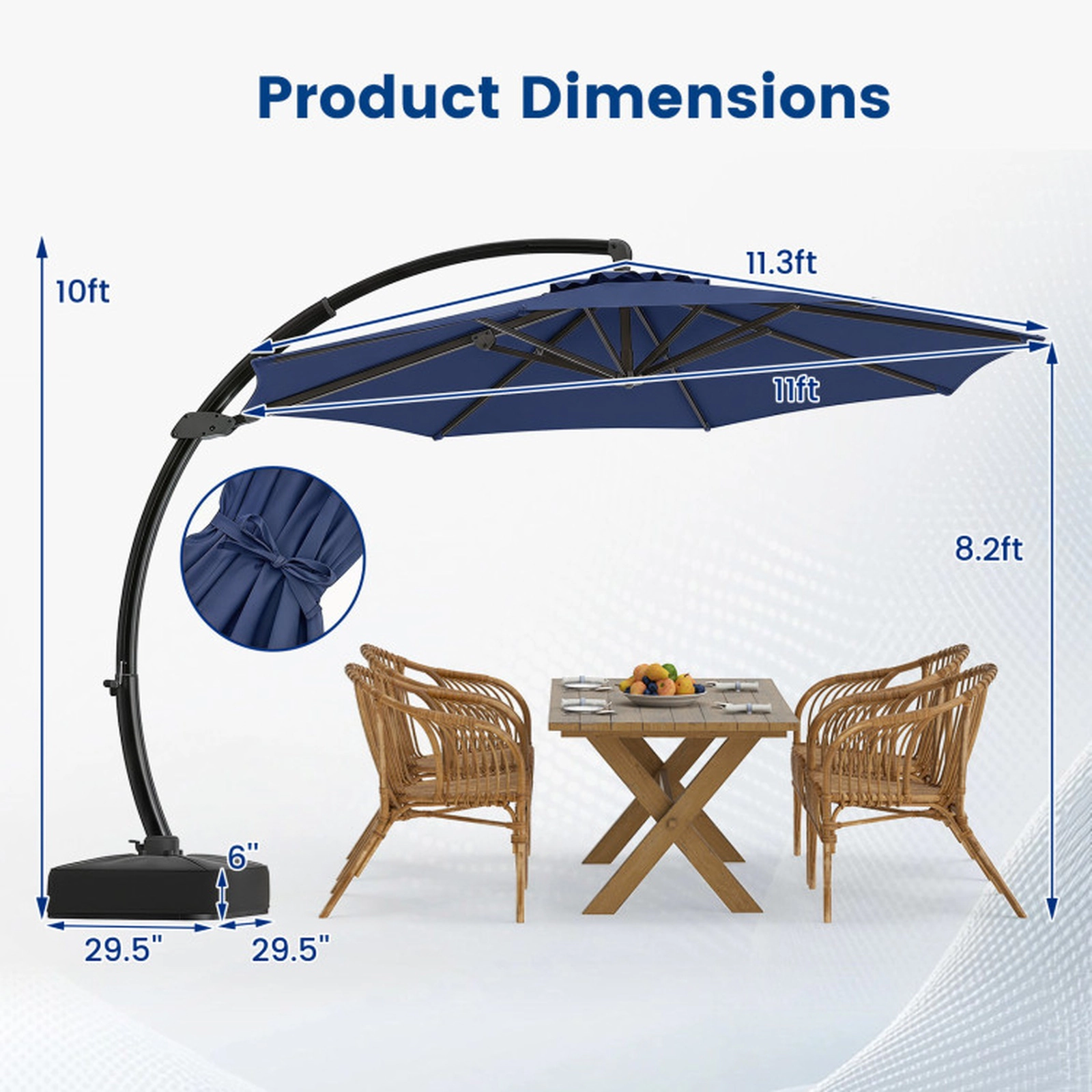 SUGIFT 11-ft Navy Offset Cantilever Patio Umbrella with Base 360-Degree Rotation and 8-Rib Aluminum Frame