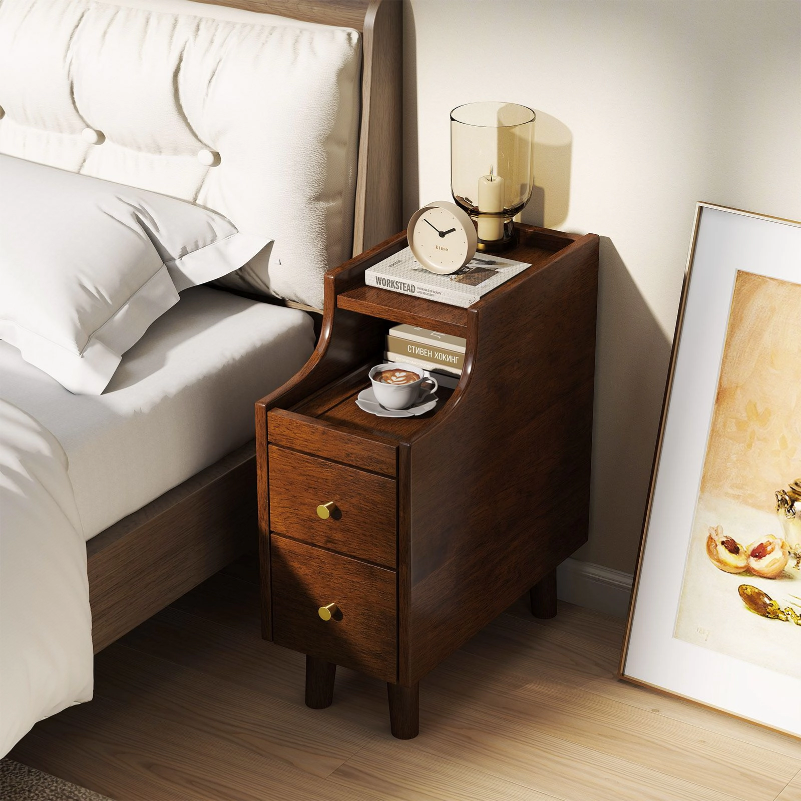 SlickBlue Narrow Nightstand with 2 Drawers and Pull Out Tray