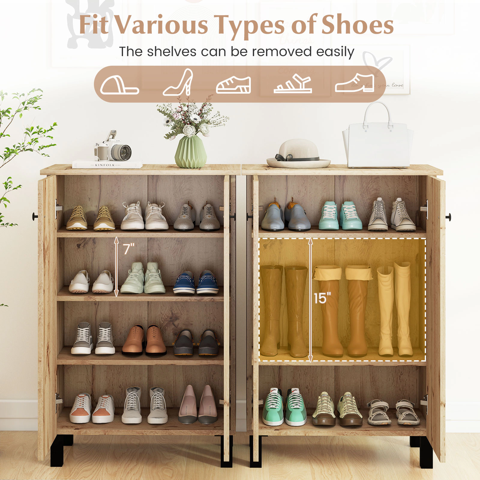 SUGIFT Natural 2 Doors 3 Removable Shelves and Anti-Tip Hardware 4-Tier Shoe Cabinet
