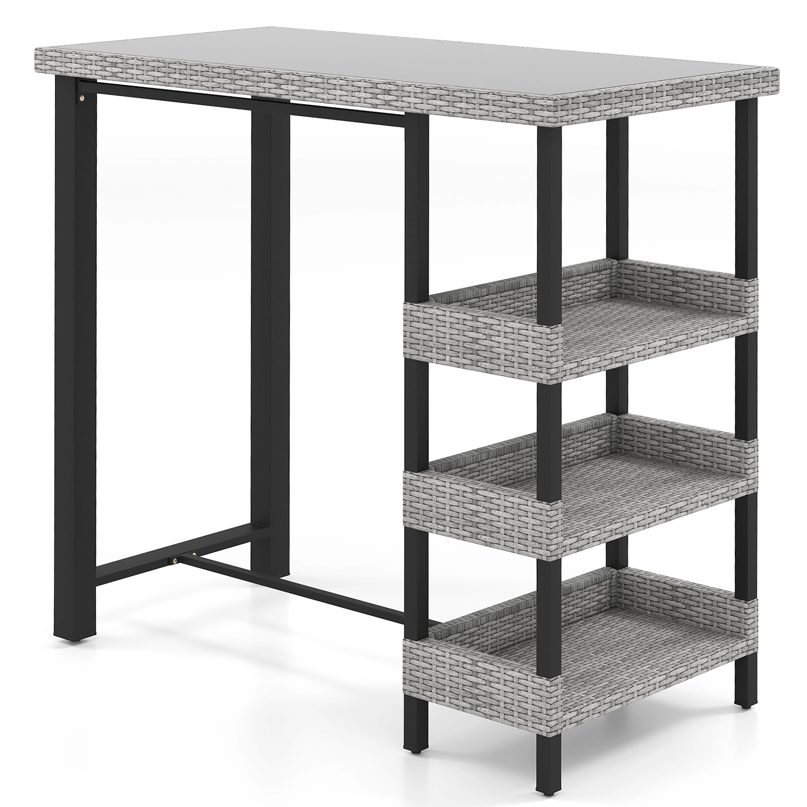 SUGIFT 43.5-in Mix Gray Rattan Bar-Height Outdoor Patio Table with Tempered Glass Top and 3 Shelves