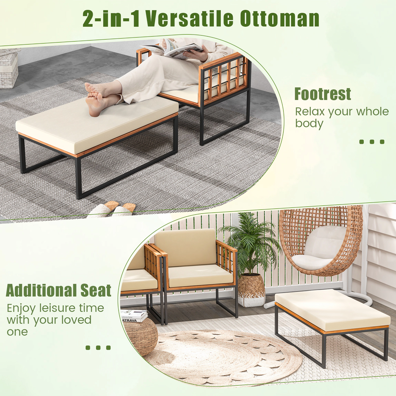 Hivvago Patio Acacia Wood Armchair With Long Ottoman And Seat Back Cushions