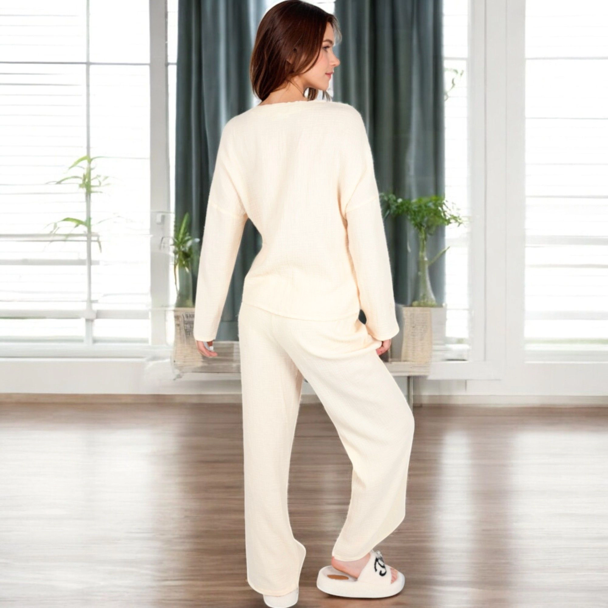 Anna-Kaci Women's Solid Color 2-Piece Pajama Set with Long Sleeve V-Neck Top and Relaxed Fit Wide Leg Pants