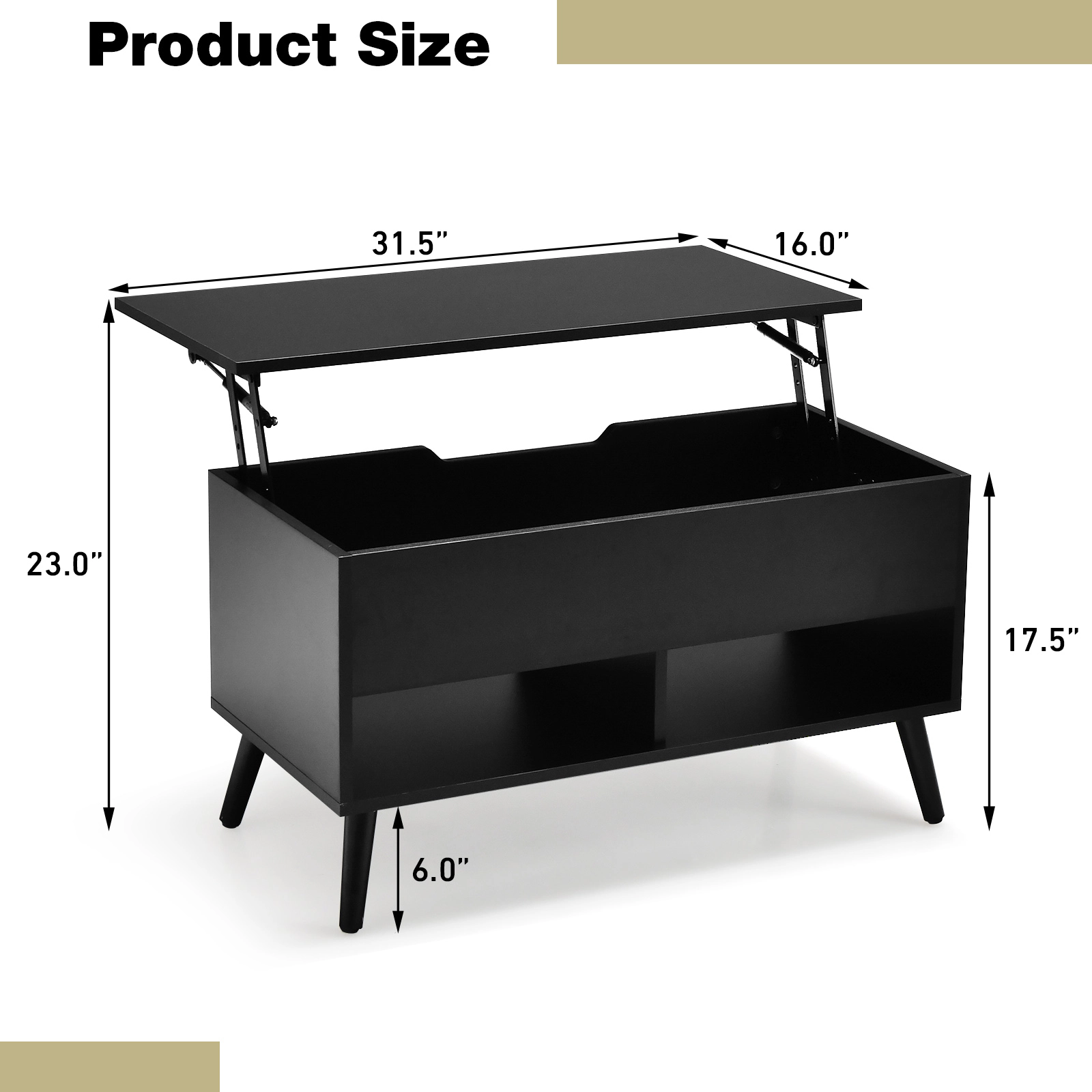 Glintex 31.5-Inch Lift-Top Coffee Table with Hidden Compartment and Shelves, Black