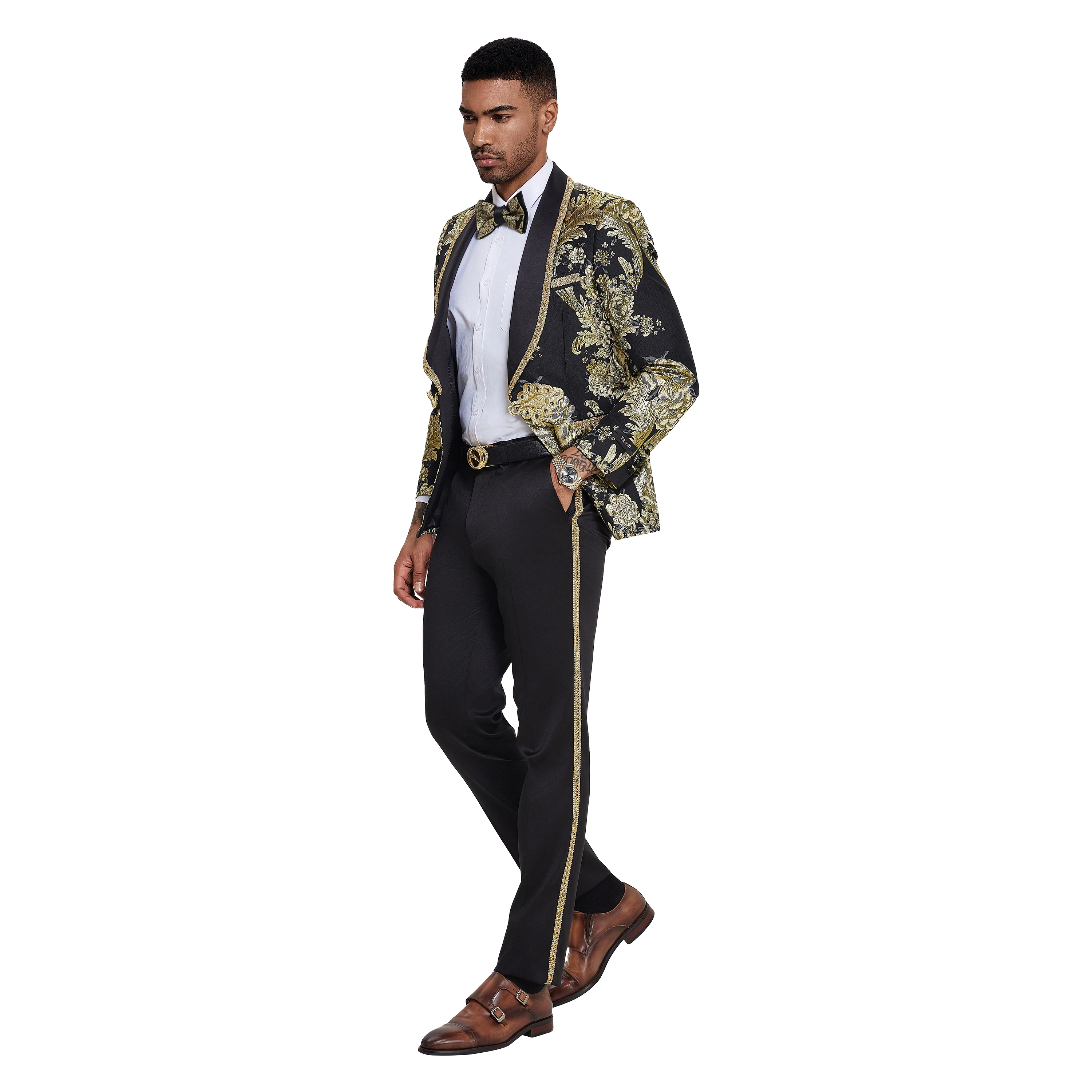 Tazzio Mens Skinny Fit Paisley Jacquard 2pc Tuxedo Set With Bowtie