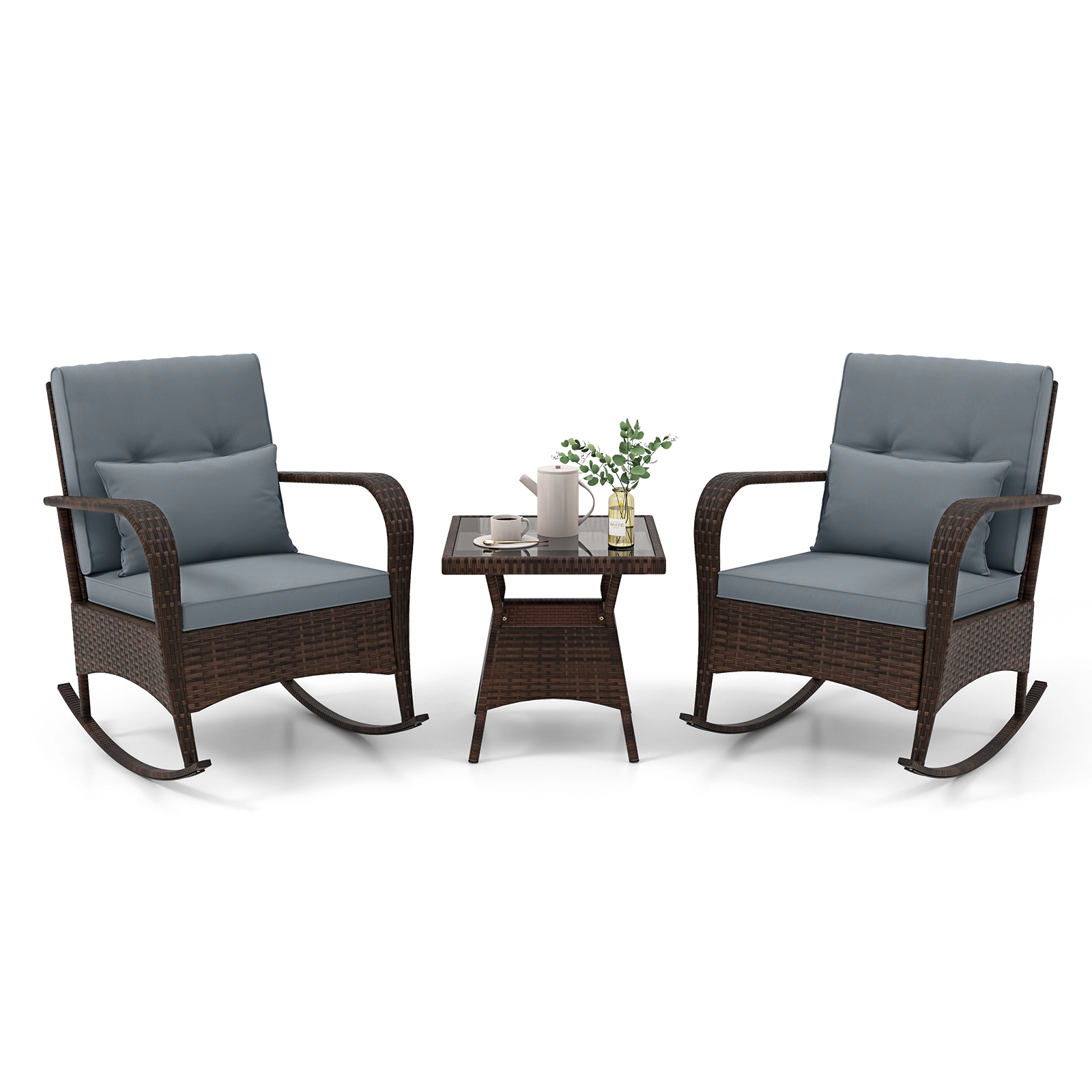 SUGIFT 3-Piece Gray Patio Furniture Set with 2 Rattan Rocking Chairs and Glass Table 400-lb Per Chair