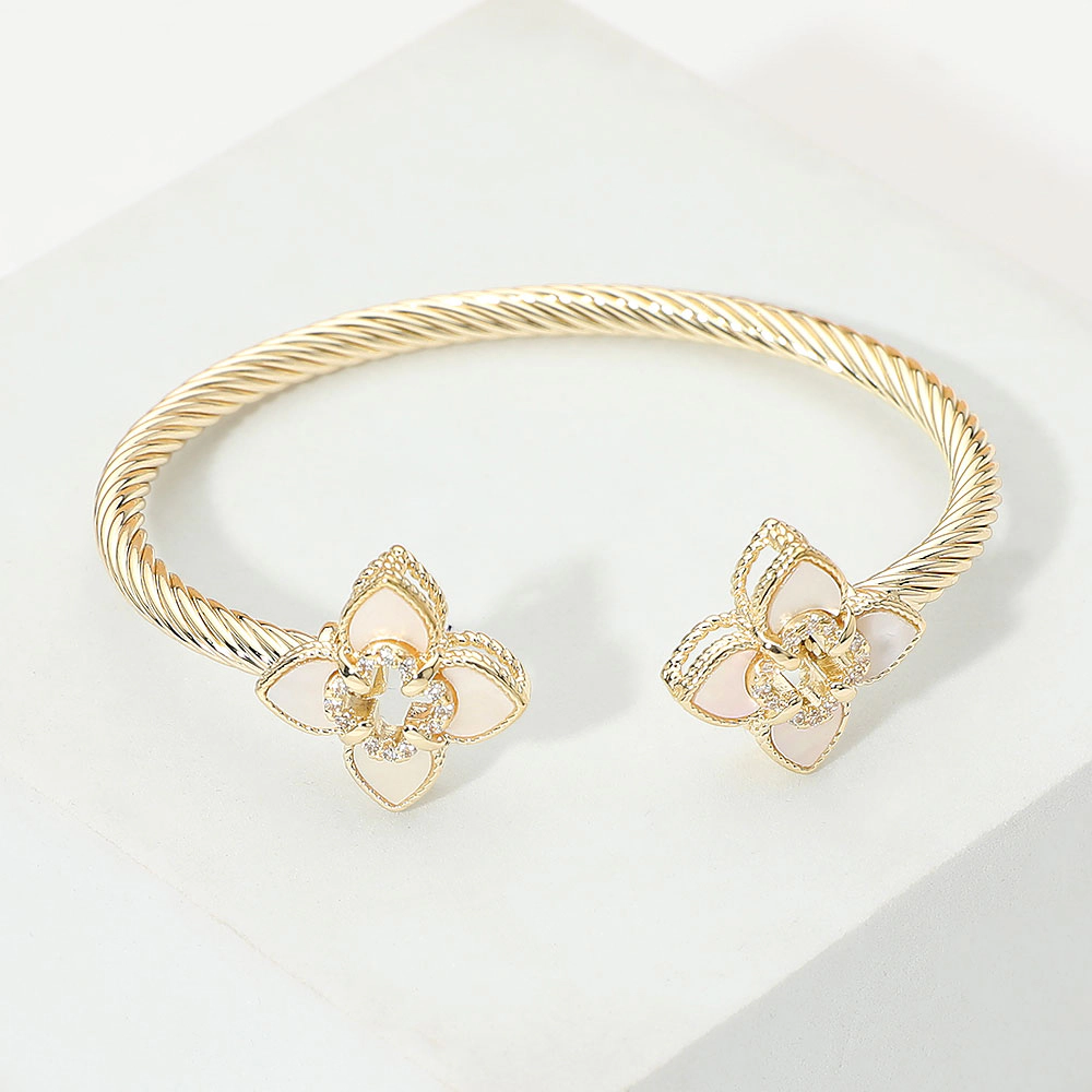 FASHNZFAB 14K Gold Plated Two Tone CZ Pave Open Quatrefoil Mother of Pearl Floral Charm Tip Twisted Cuff Bracelet