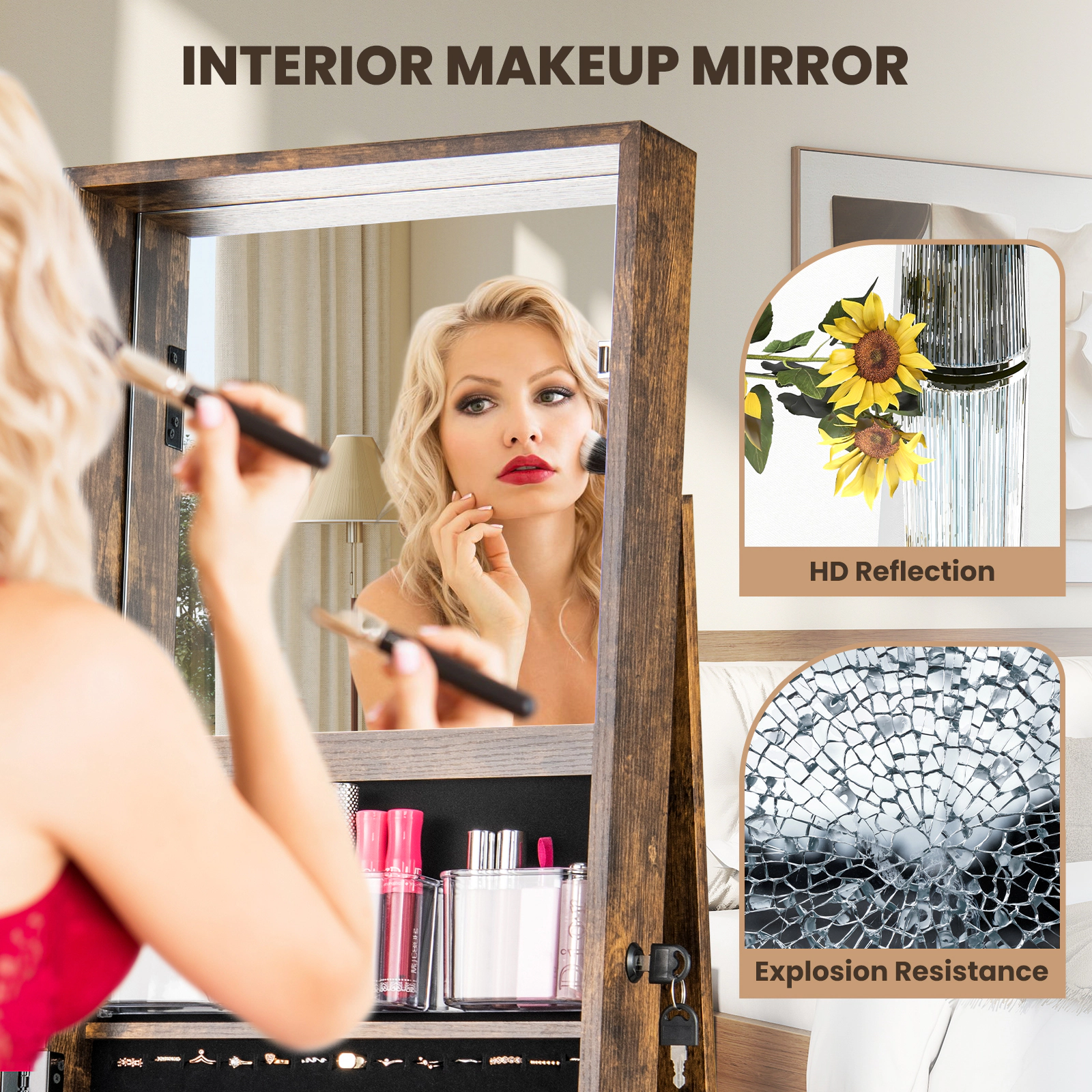Glintex Swivel Jewelry Organizer with Explosion-Resistant Aluminum Mirror