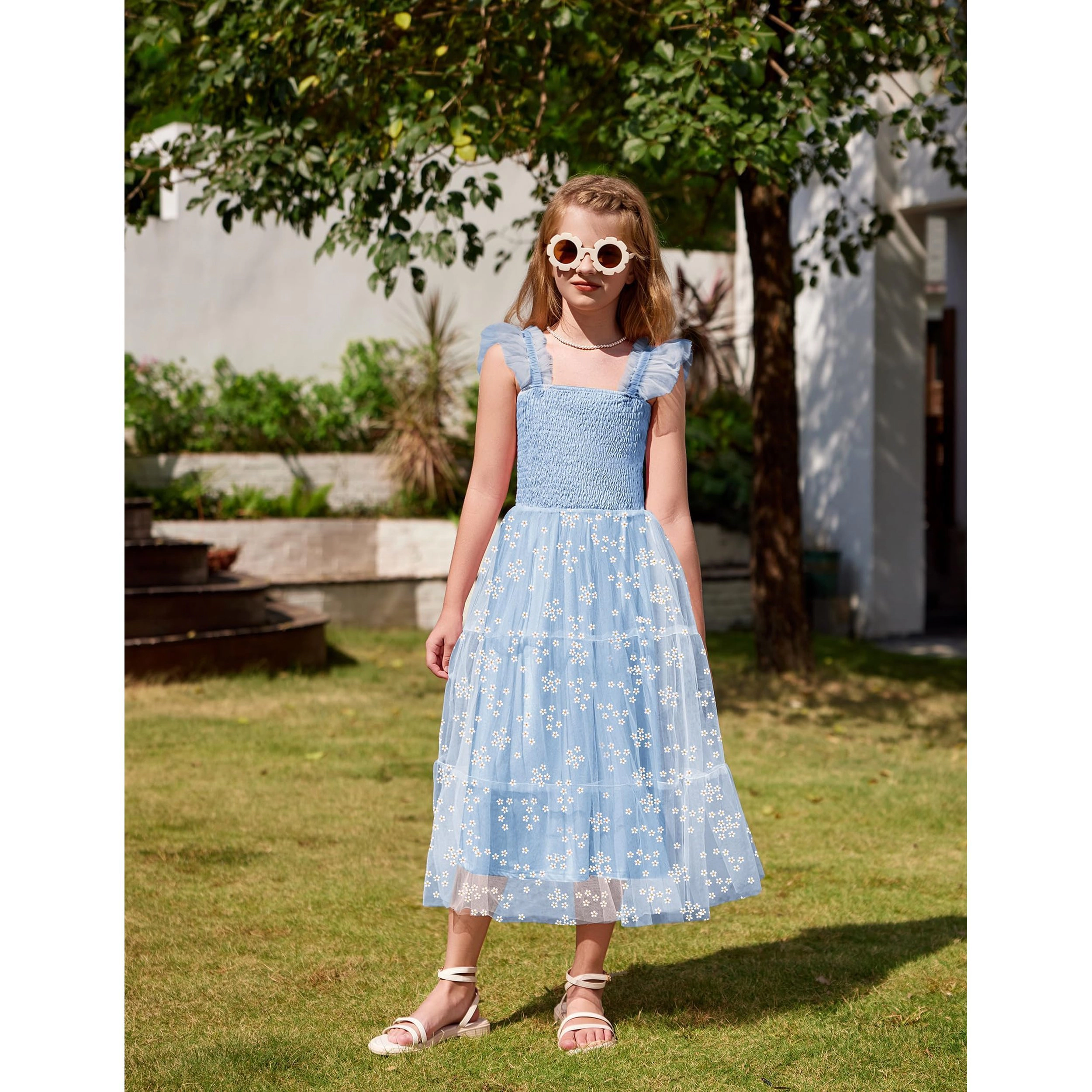 Arshiner  Girl's Ruffle Strap Smocked Tiered Tulle Long A-Line Summer Party Sundress