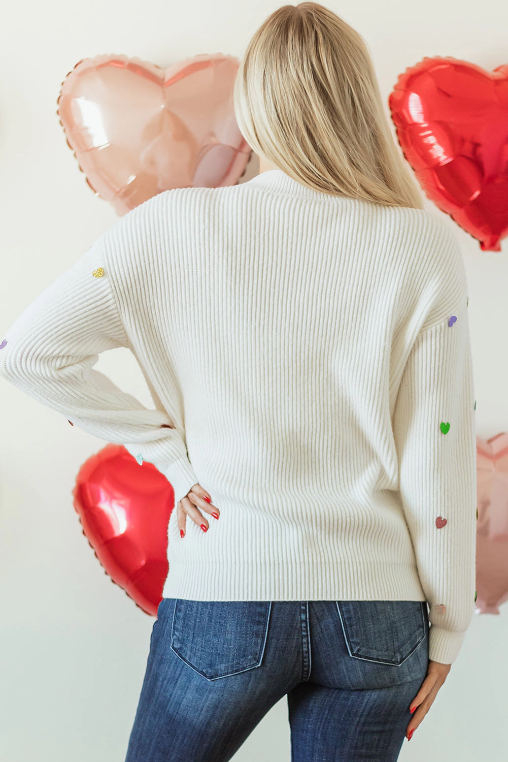 Threaded Pear Women's Sequin Heart Waffle Knit Sweater