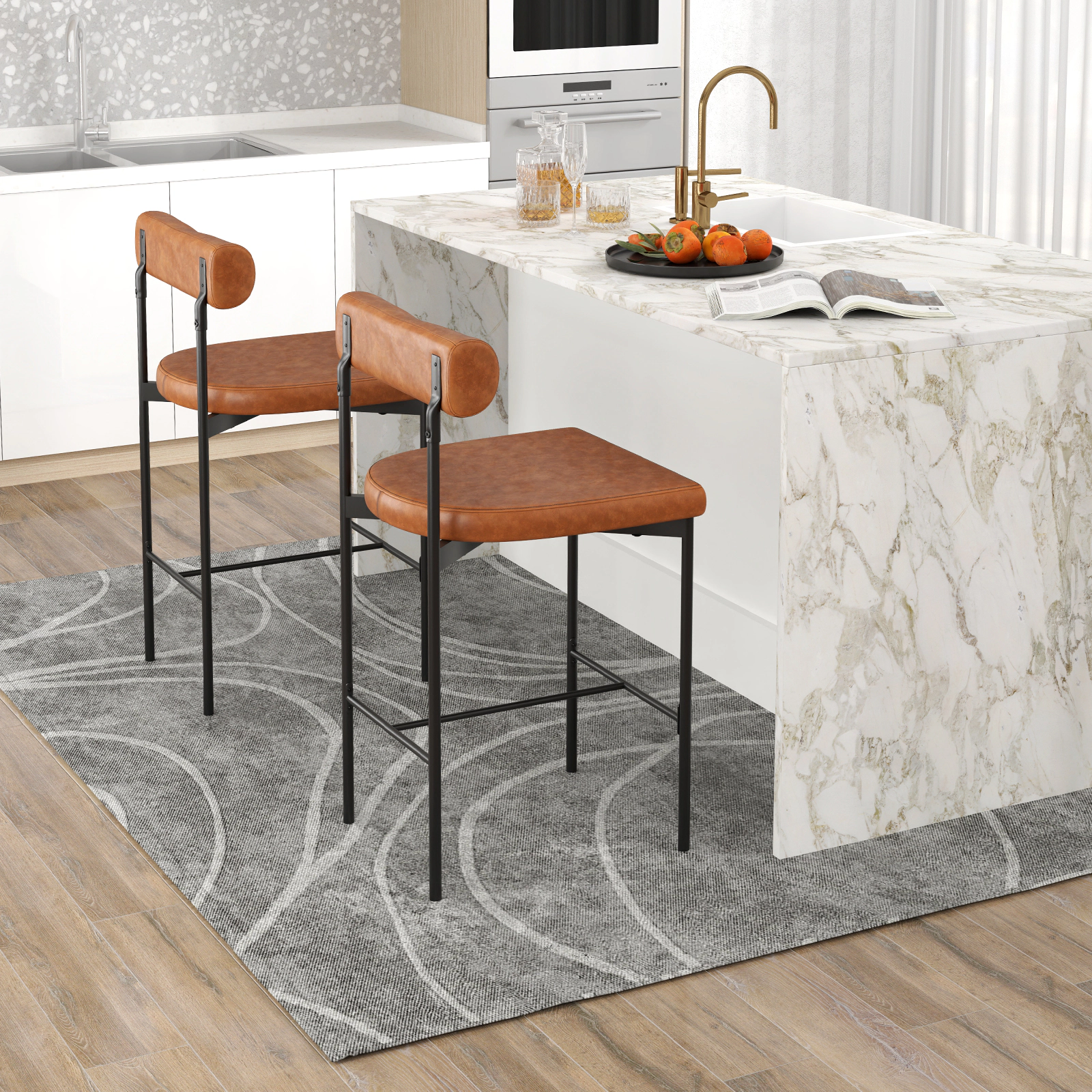 SUGIFT Set of 2 Brown 26-In Counter-Height Bar Stools, 400-Lb Capacity, PVC Leather, X-Braced Metal Frame