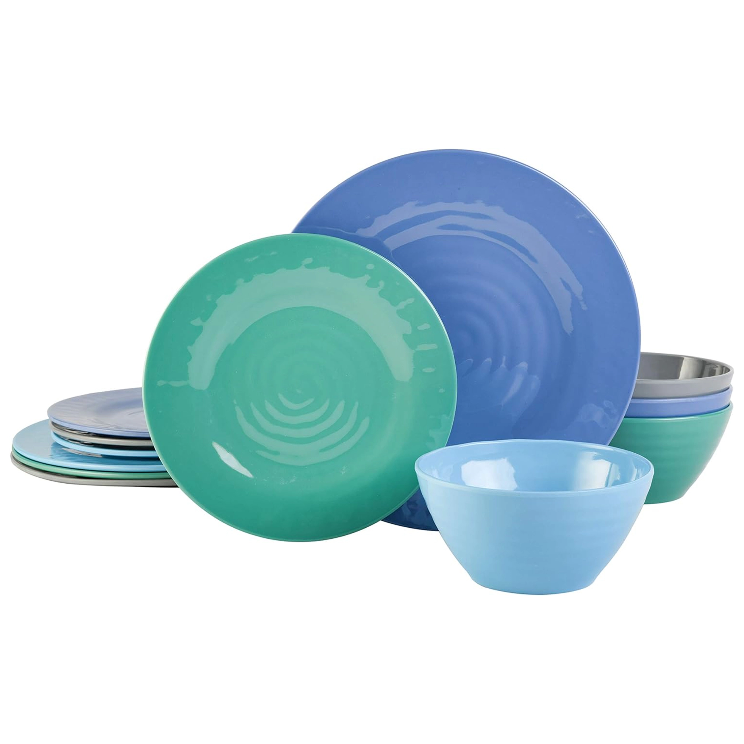Gibson Home Brela 12 Piece Round Melamine Dinnerware Set in Assorted Blue