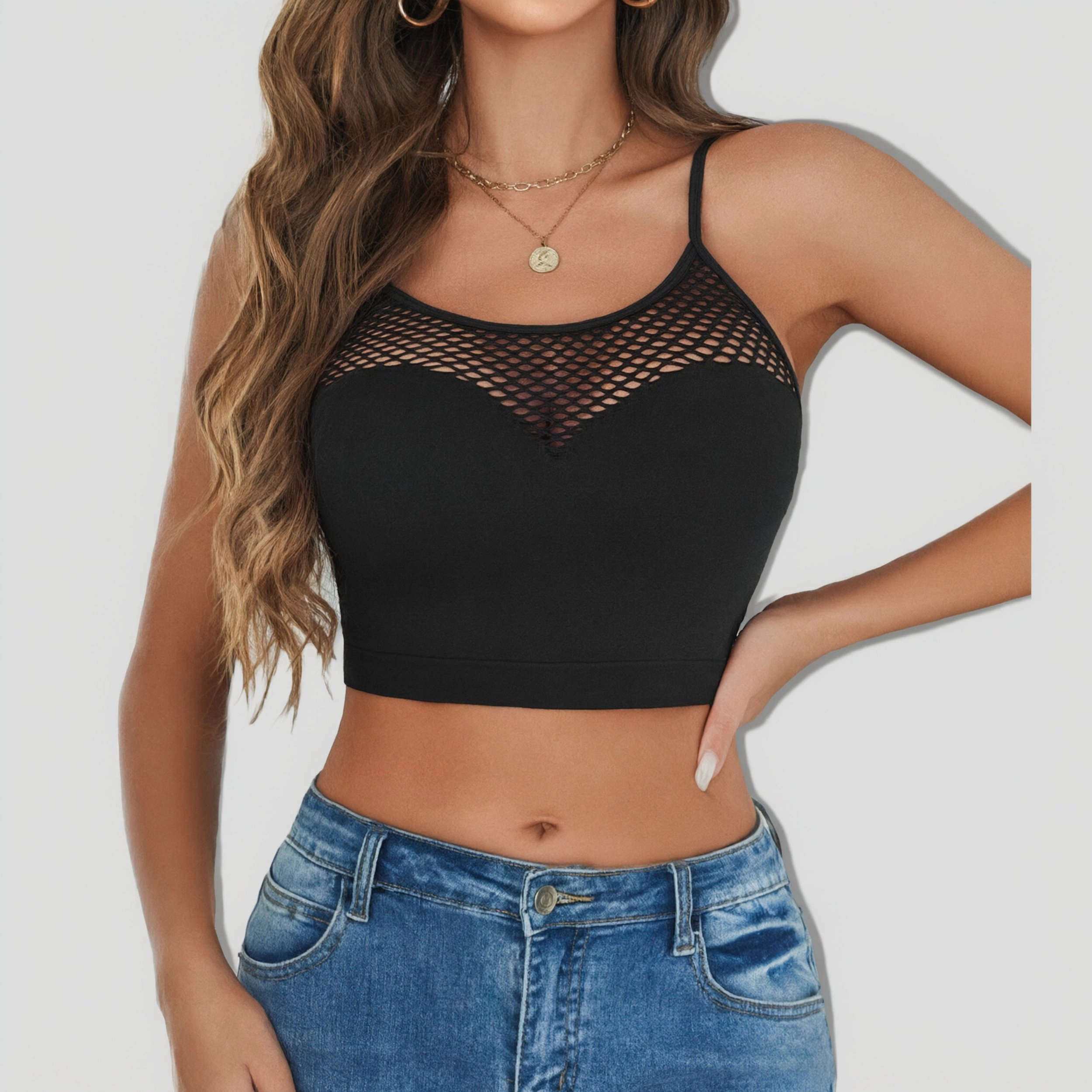 Avidlove Women's High Neck Fishnet Hollow Out Mesh Crop Top