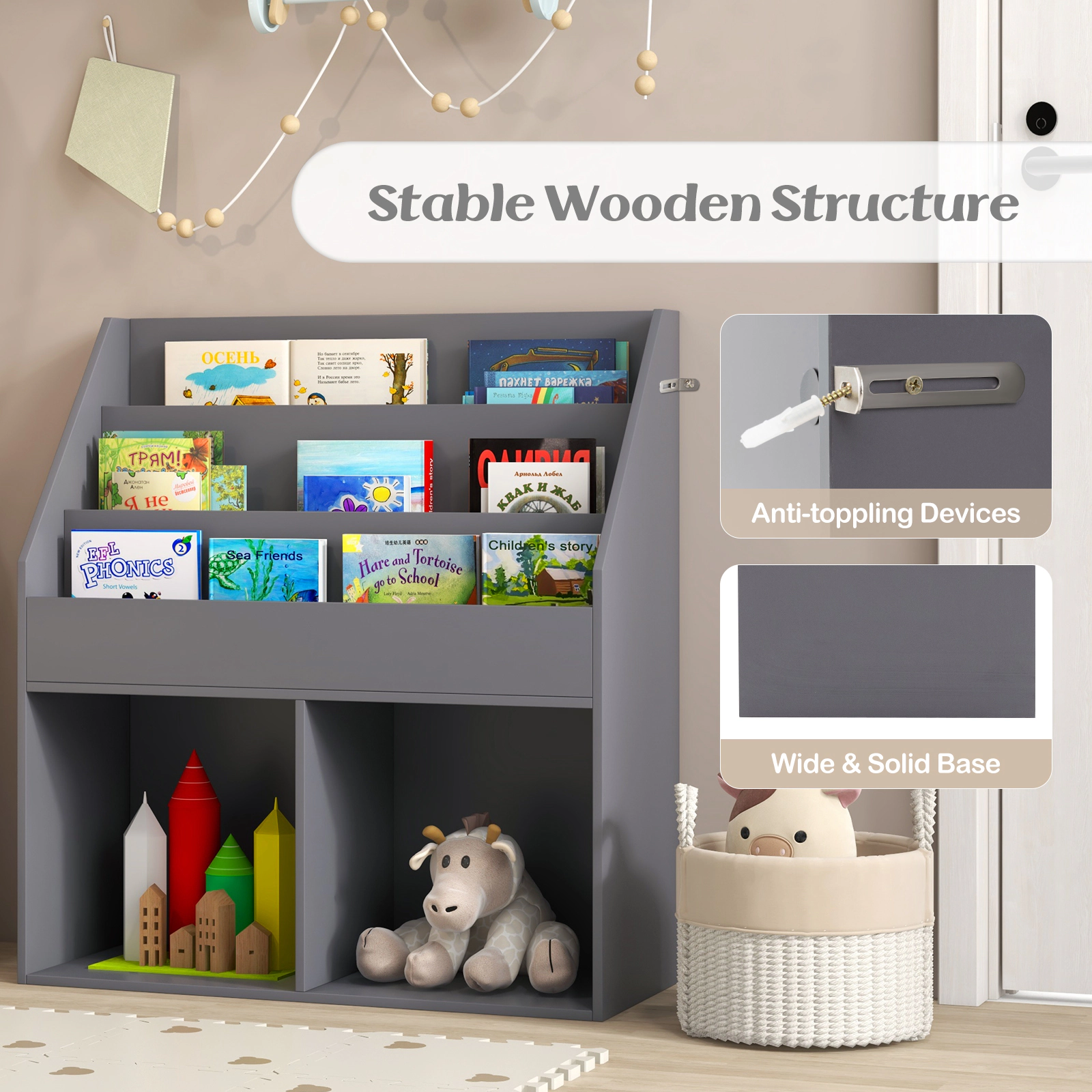 SUGIFT Kids Tiered Book Display Wide Lower Shelves Wooden Storage Bookcase 29-in x 12-in x 32-in 33-lb Shelf Gray