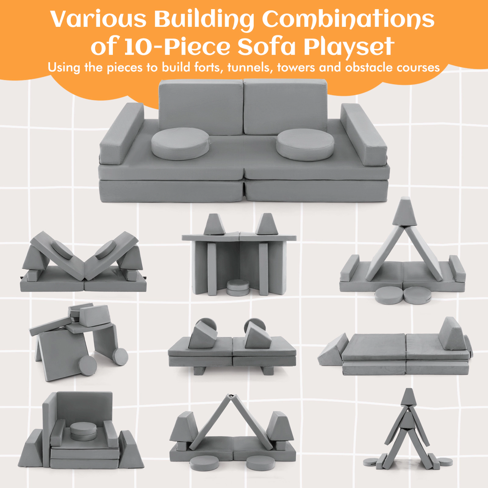 SUGIFT 10-Piece Gray Suede Modular Kids Play Couch Sofa Set with Portable Handle and Washable Covers